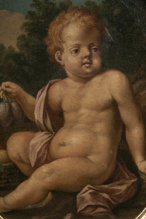 Hand-Painted Pair of Oval Oil on Canvas Paintings of Putti For Sale