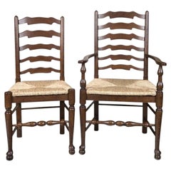 Custom Set of Eight English Oak Wavy Ladder Back Chairs with Rush Seats