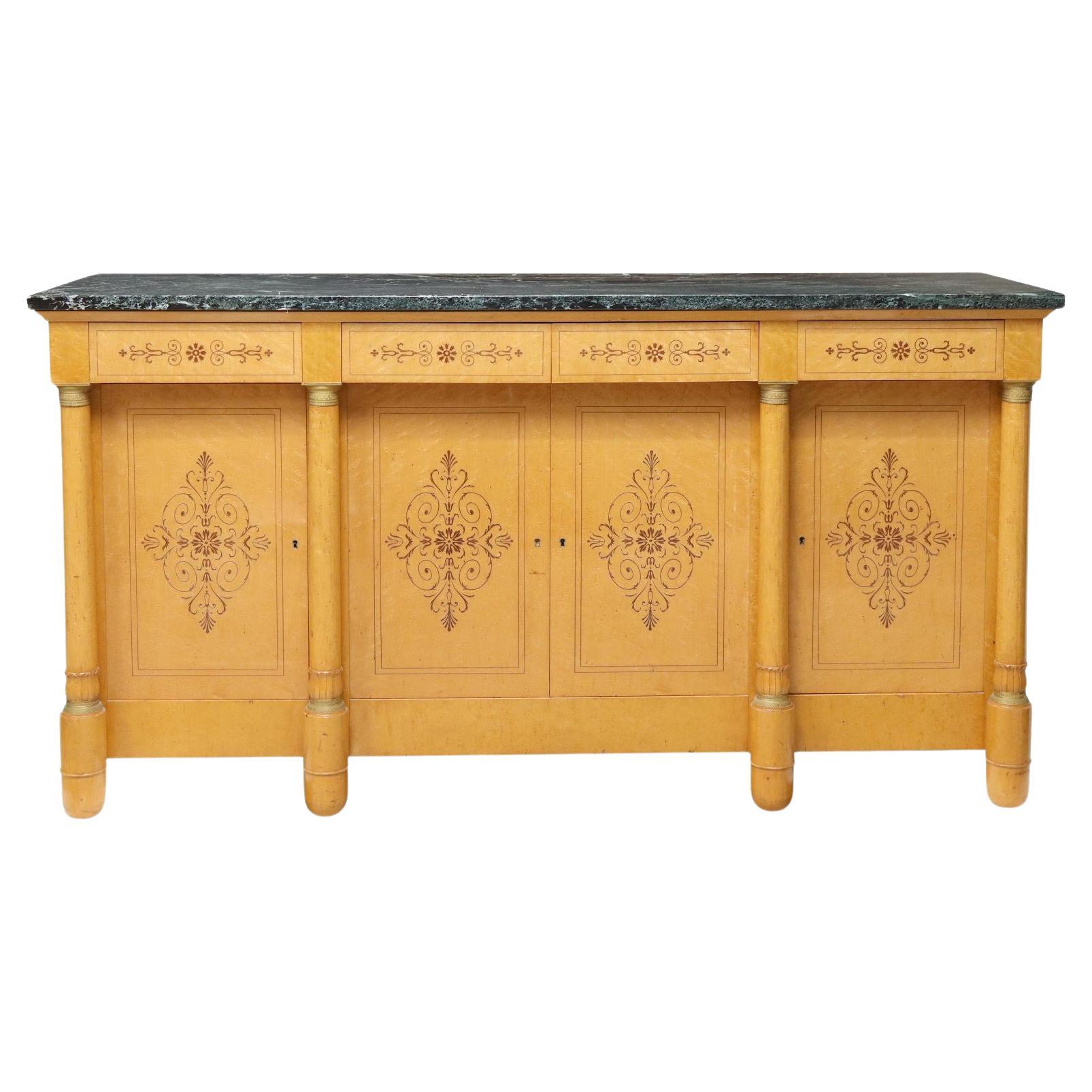 Vintage French Empire Style Green Marble-Top Birdseye Maple Sideboard For Sale