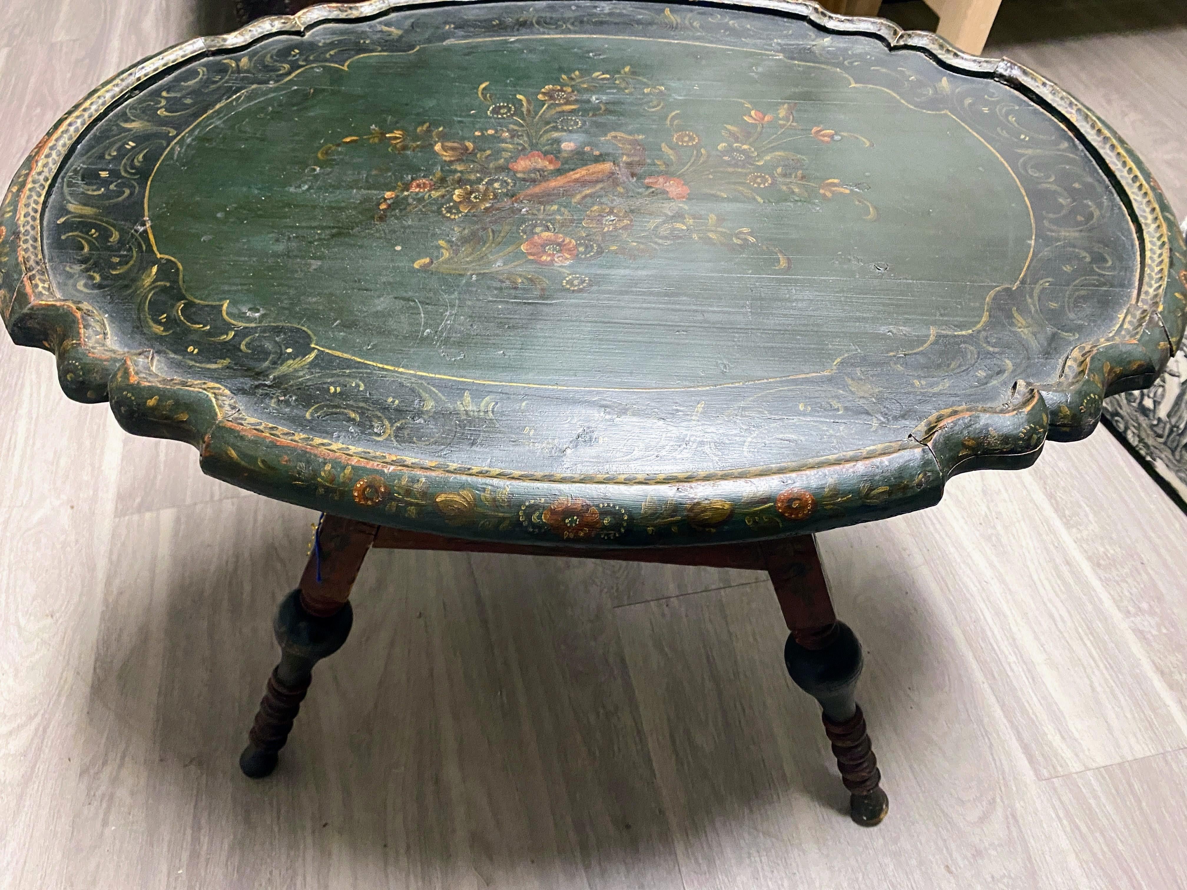 Wood Antique Dutch Green Painted Low Oval Tilt Top Table