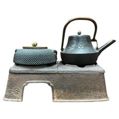 Antique Japanese Cast Iron Tetsubin Tea Pots on Cast Iron Hibachi Stand