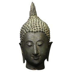 Antique Bronze Buddha Head, Sukhothai Style, Cast Sculpture, Thailand