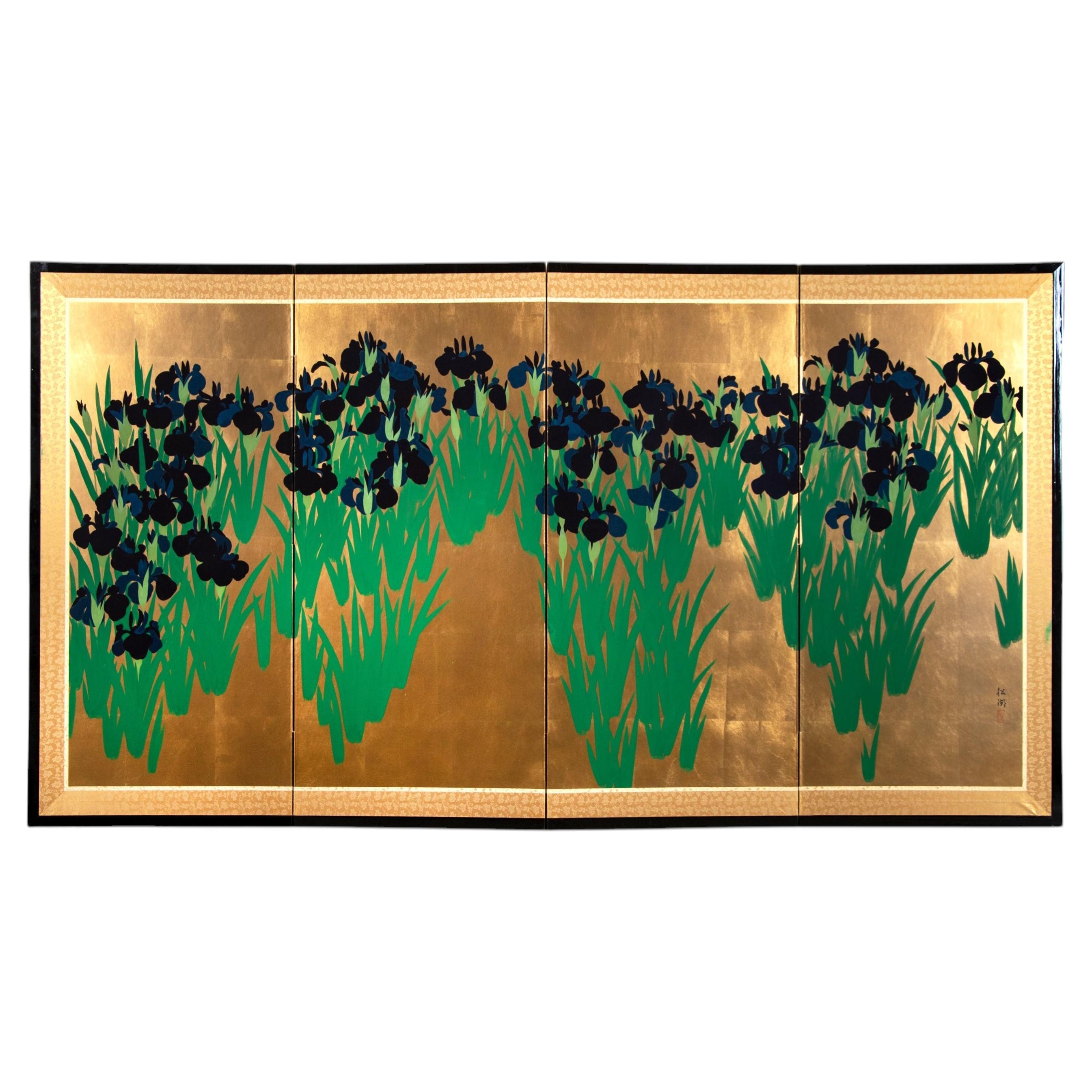 Vintage Japanese Gold Leaf Iris Four-Panel Folding Screen After Ogata Kōrin For Sale