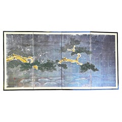 Vintage Japanese Four-Panel Hand-Painted Pine Tree Silk Folding Screen