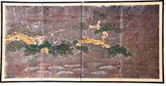 Vintage Japanese Four-Panel Hand-Painted Pine Tree Silk Folding Screen