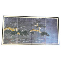 Vintage Japanese Four-Panel Hand-Painted Pine Tree Folding Screen