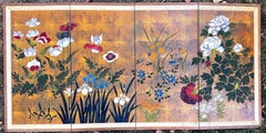 Hiyakuho Imayasu Vintage Japanese Hand-Painted Floral Four-Panel Byobu Screen