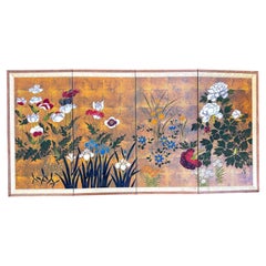 Hiyakuho Imayasu Vintage Japanese Hand-Painted Floral Four-Panel Byobu Screen