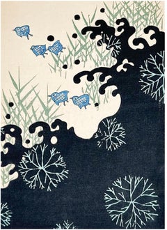 Japanese Art Deco Style River, Waves and Plovers Color Woodblock Print, 20th C.