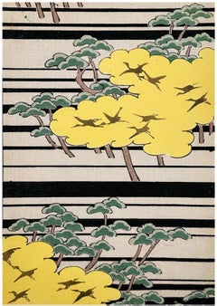Japanese Cranes and Pine Trees Modernist Color Woodblock Print, Early 20th C.