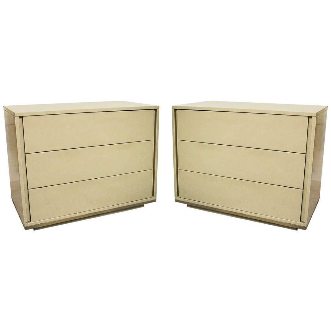 Pair of Mid-Century Modern John Stuart Stamped Chest Commode In A Creme Laquer