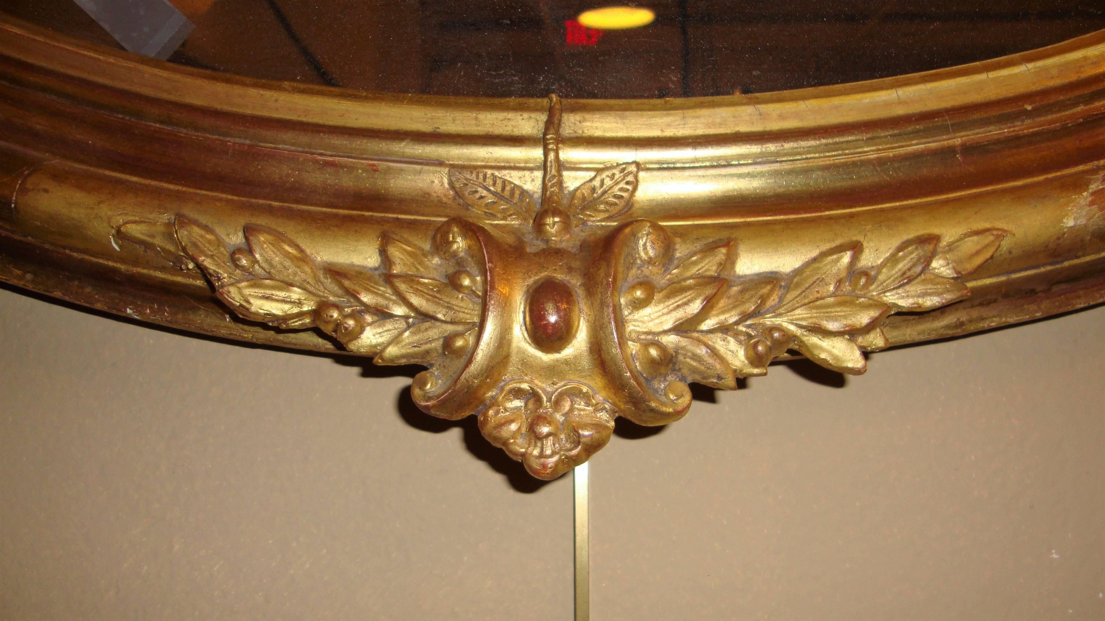 Oval Gilt Wooden over the Mantle or Wall Mirror In Good Condition For Sale In Stamford, CT