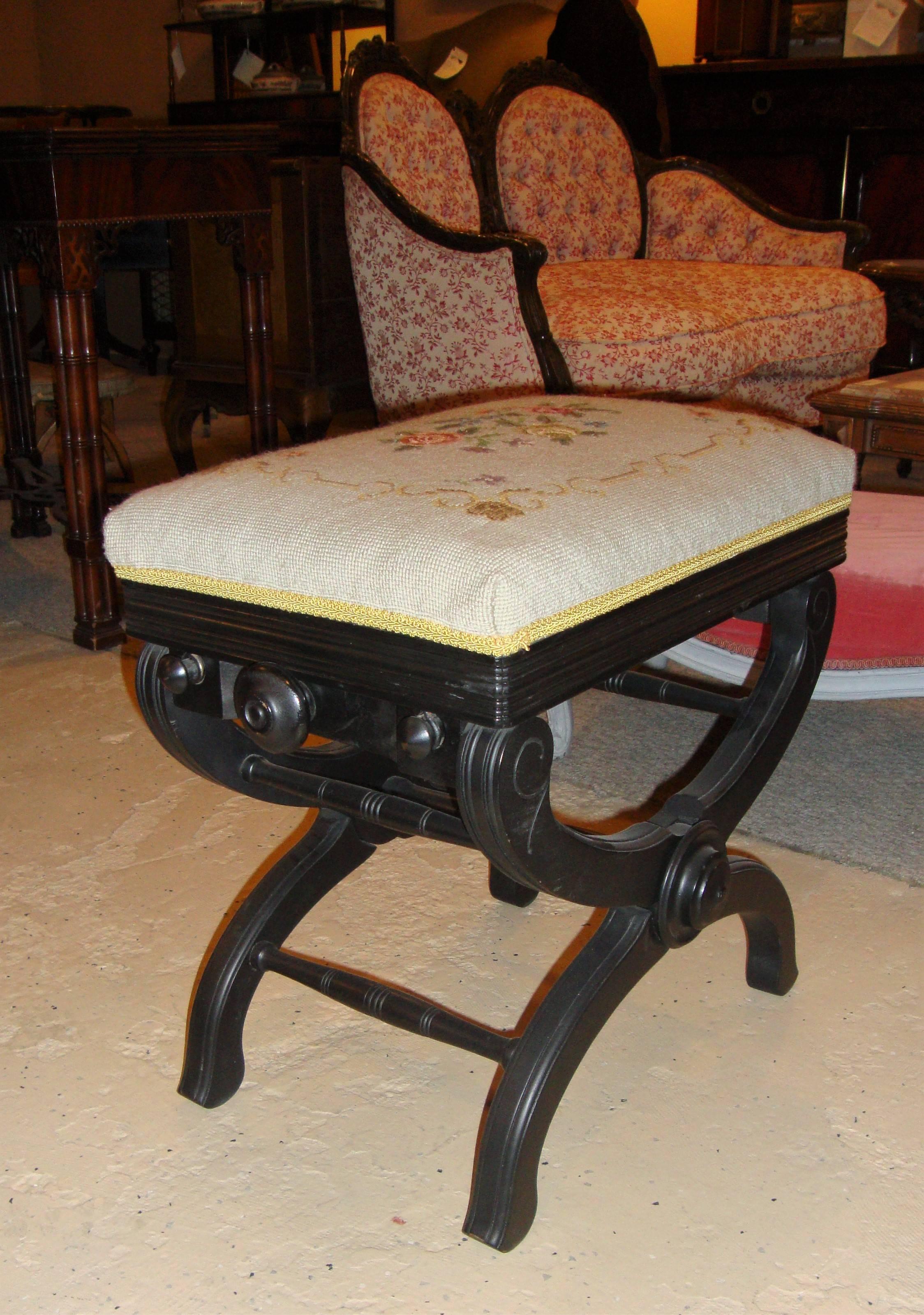 American Rare Victorian Antique Adjustable Piano Bench Ebony Finish Hand Embroidered Seat
