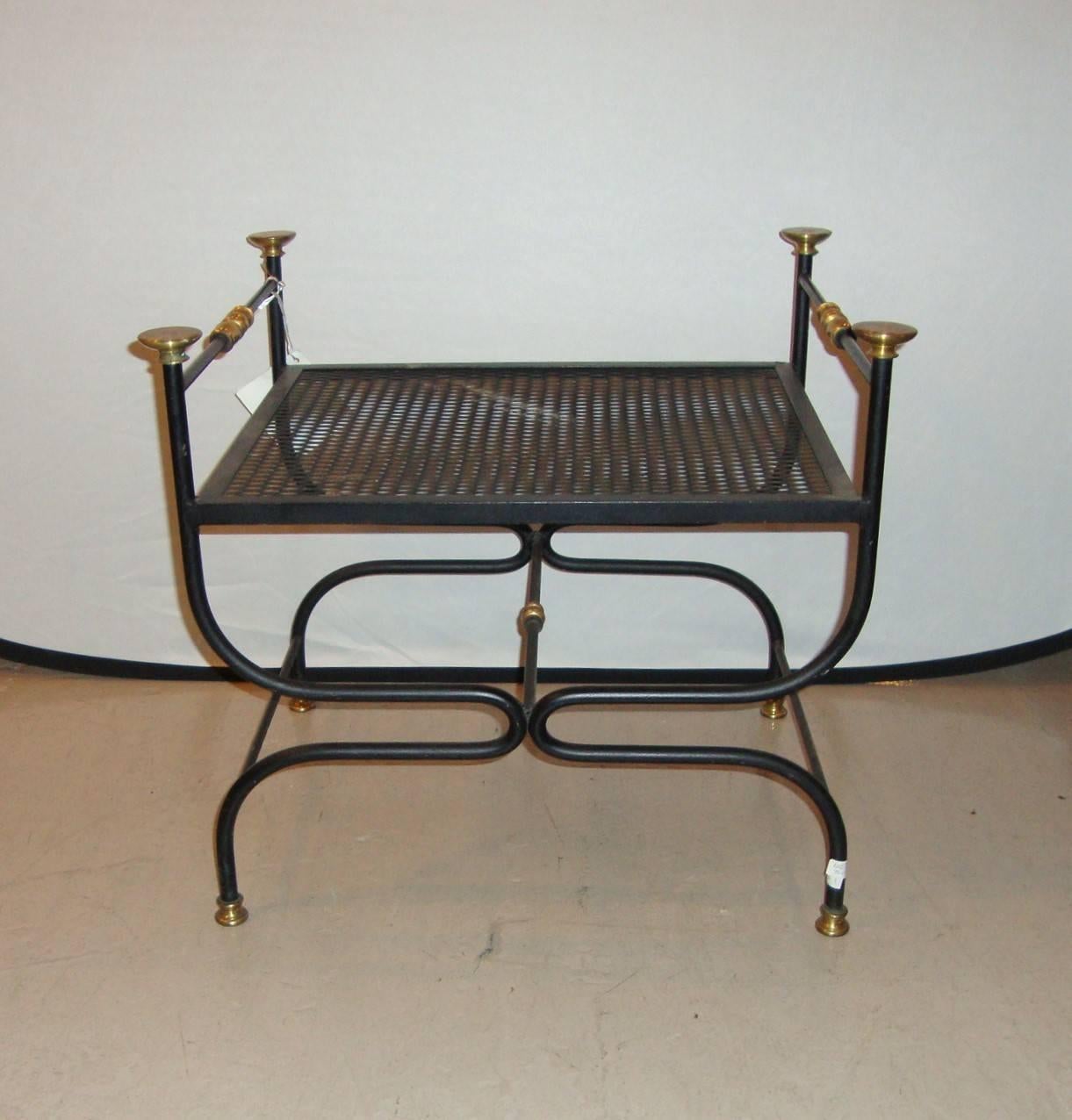 A Maison Jansen style Savonarola iron and bronze black bench.