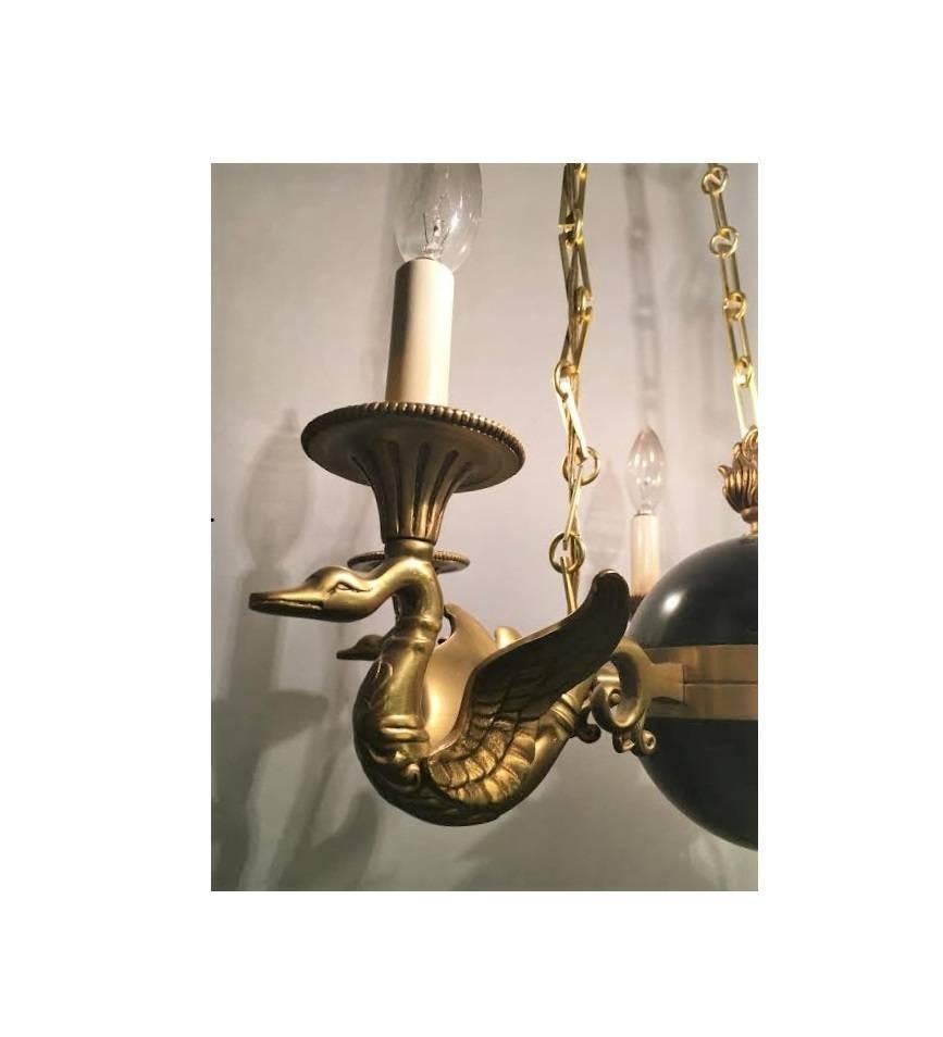 Federal Regency Style Six-Arm Bronze Swan Decorated Chandelier For Sale