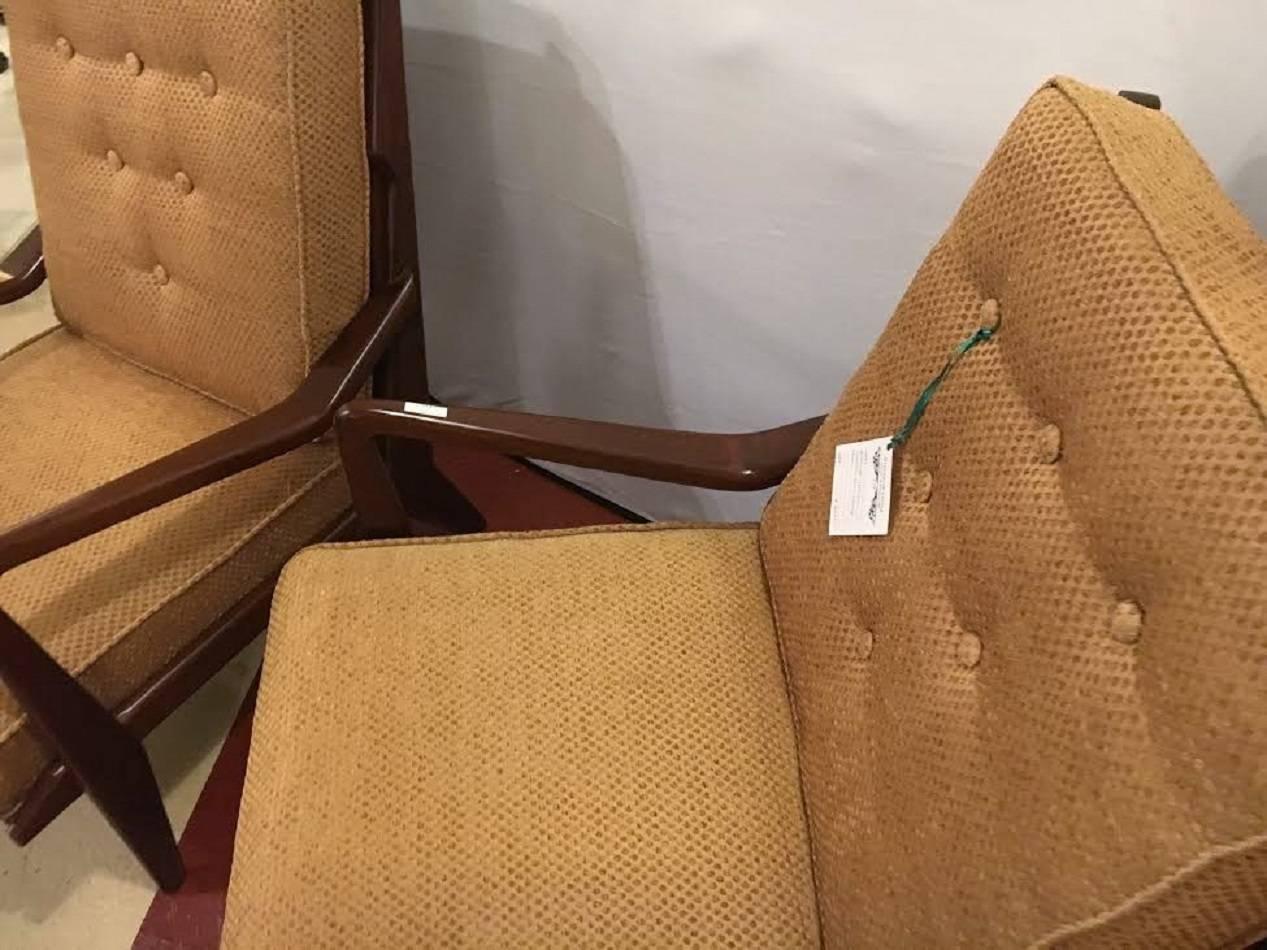 Italian Pair of Mid-Century Modern Danish Arm Lounge Chairs New Fabric Tufted Cushions