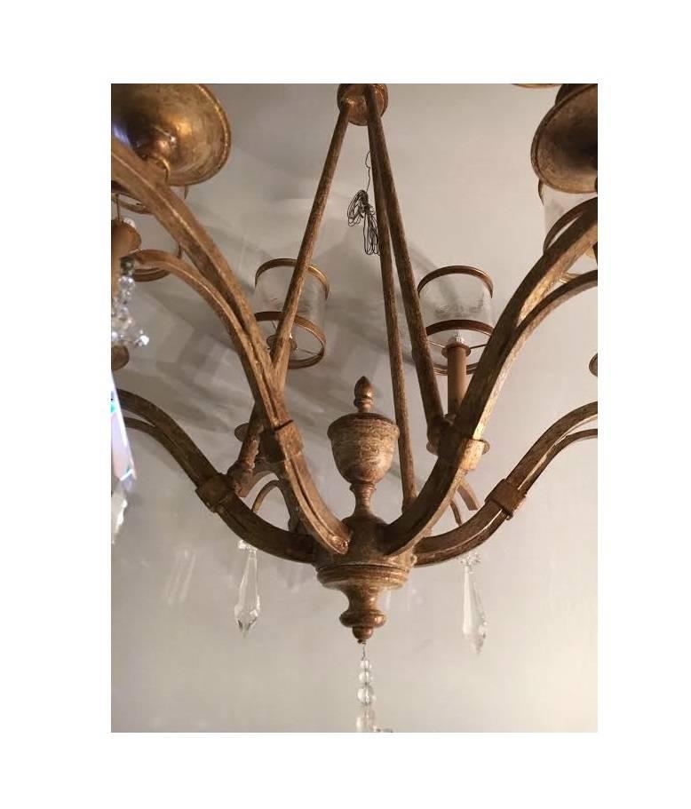 Italian Gilt Metal and Crystal Chandelier with Glass Shades In Good Condition For Sale In Stamford, CT