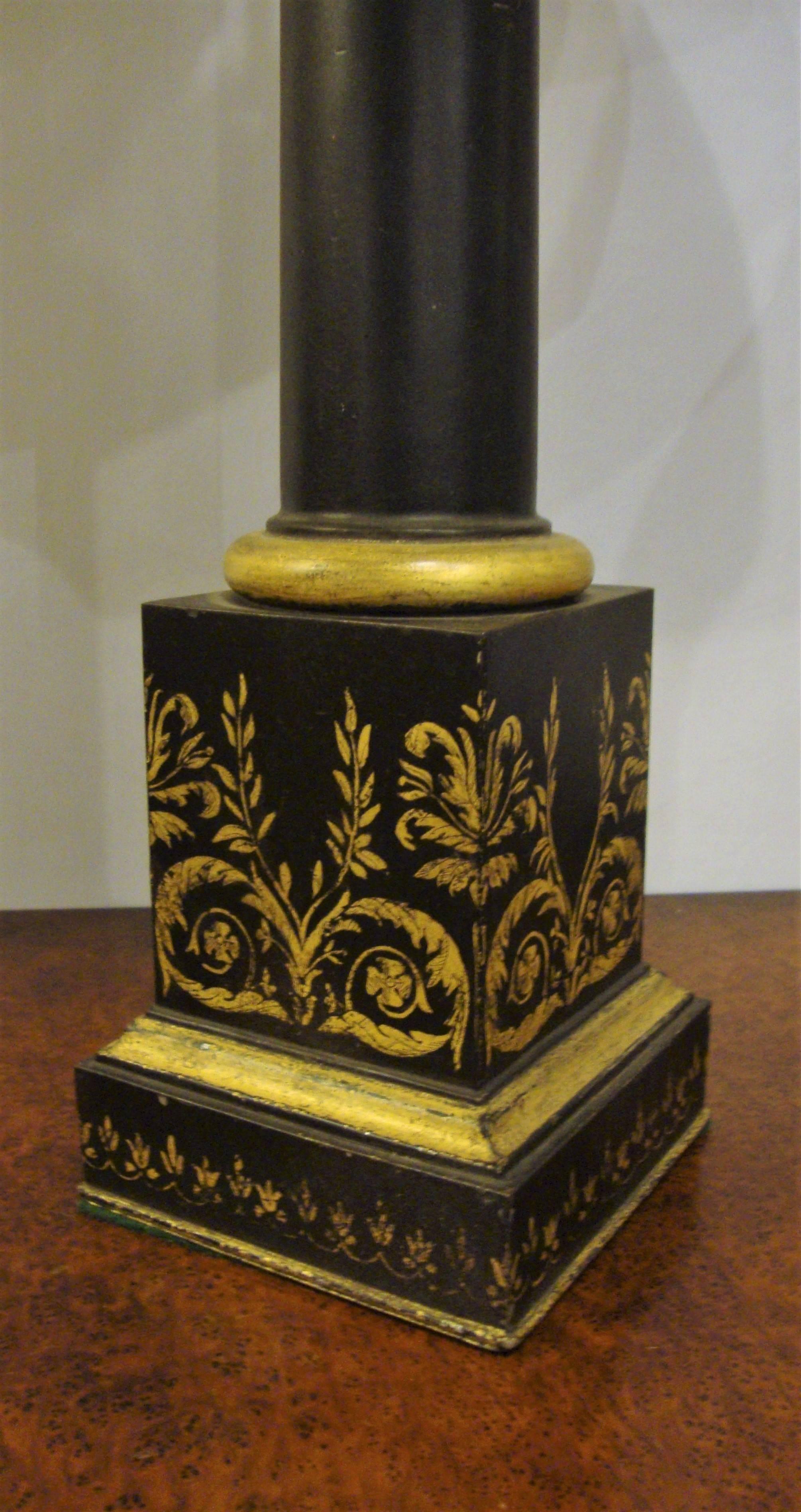 20th Century Pair of Antique Tole Painted Ebonized and Gilt Decorated Empire Style Lamps