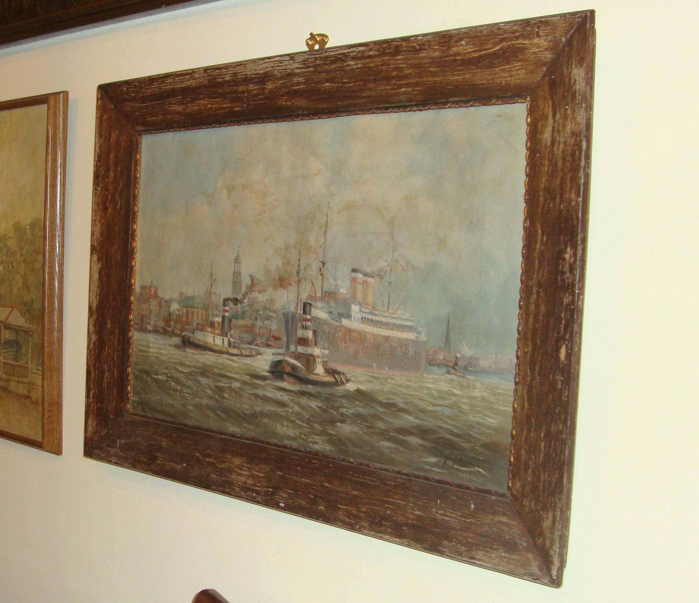 Signed 19th Century Oil on Canvas Boats in a Harbor 1
