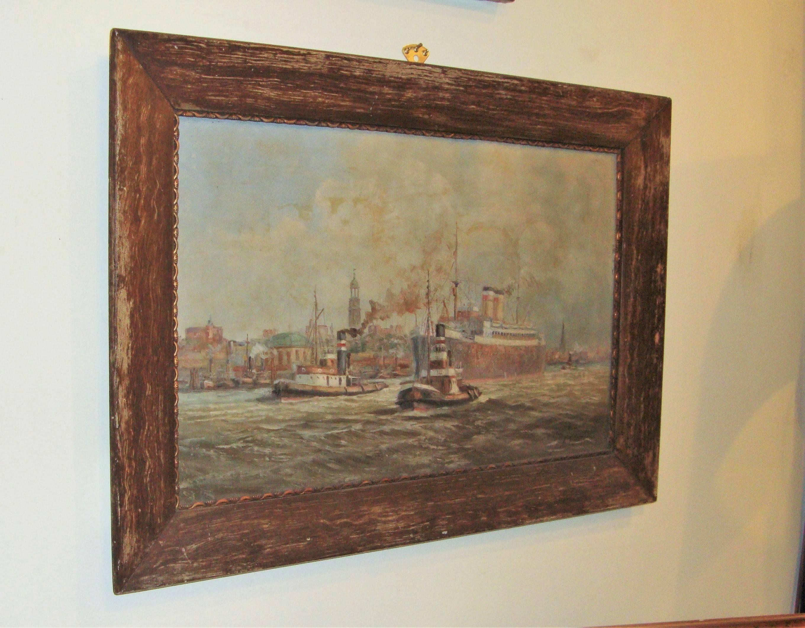 European Signed 19th Century Oil on Canvas Boats in a Harbor