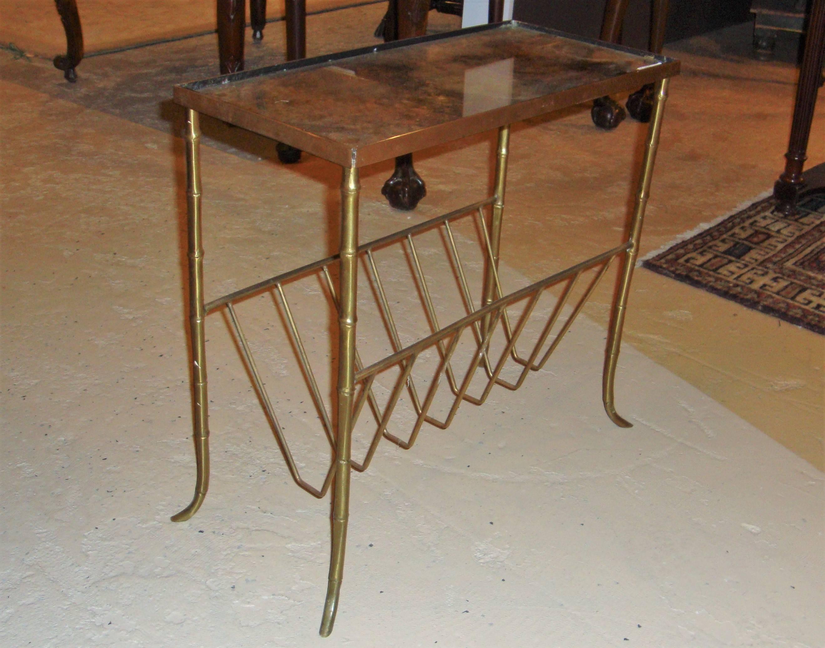 Bagues Style Bronze Bamboo Magazine Table with Gilt Mirrored Top 2