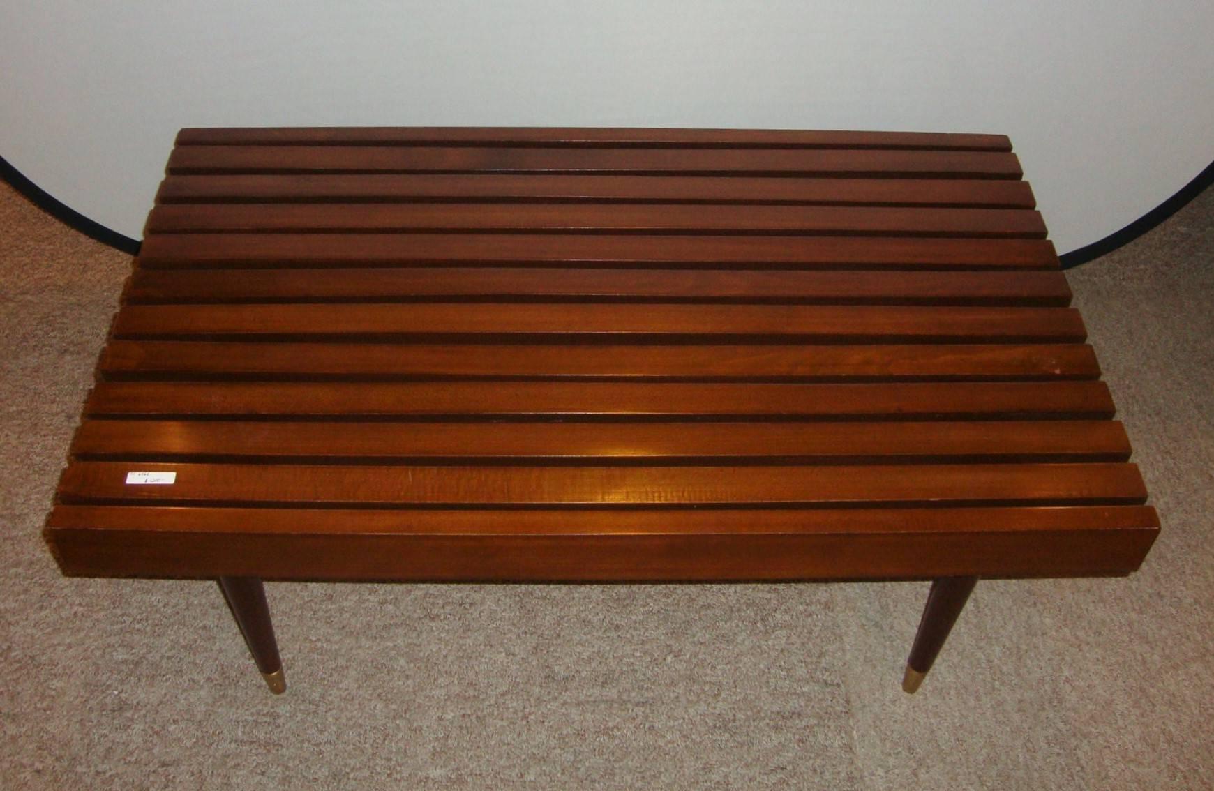 20th Century Danish Designer, Mid-Century Modern, Small Coffee Table, Brown Slat Bench, 1970s For Sale