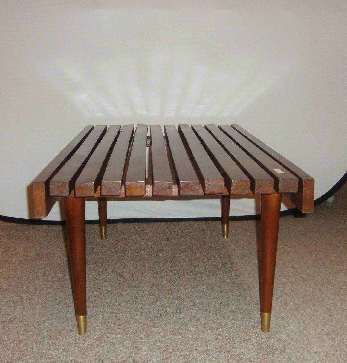 Wood Danish Designer, Mid-Century Modern, Small Coffee Table, Brown Slat Bench, 1970s For Sale