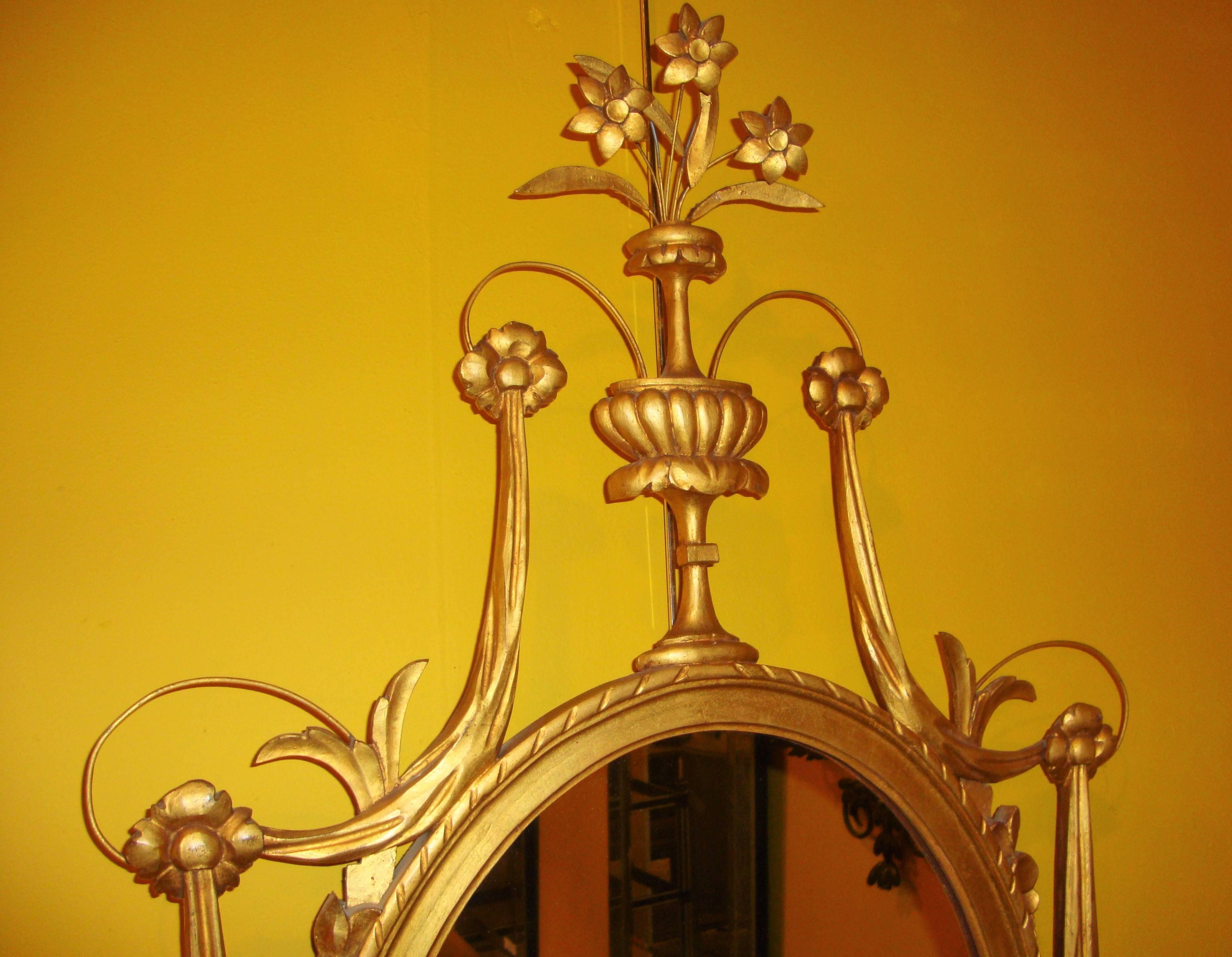 Italian Pair of Adams Style Gilt Gold Oval Wood and Gesso Wall / Console Mirrors