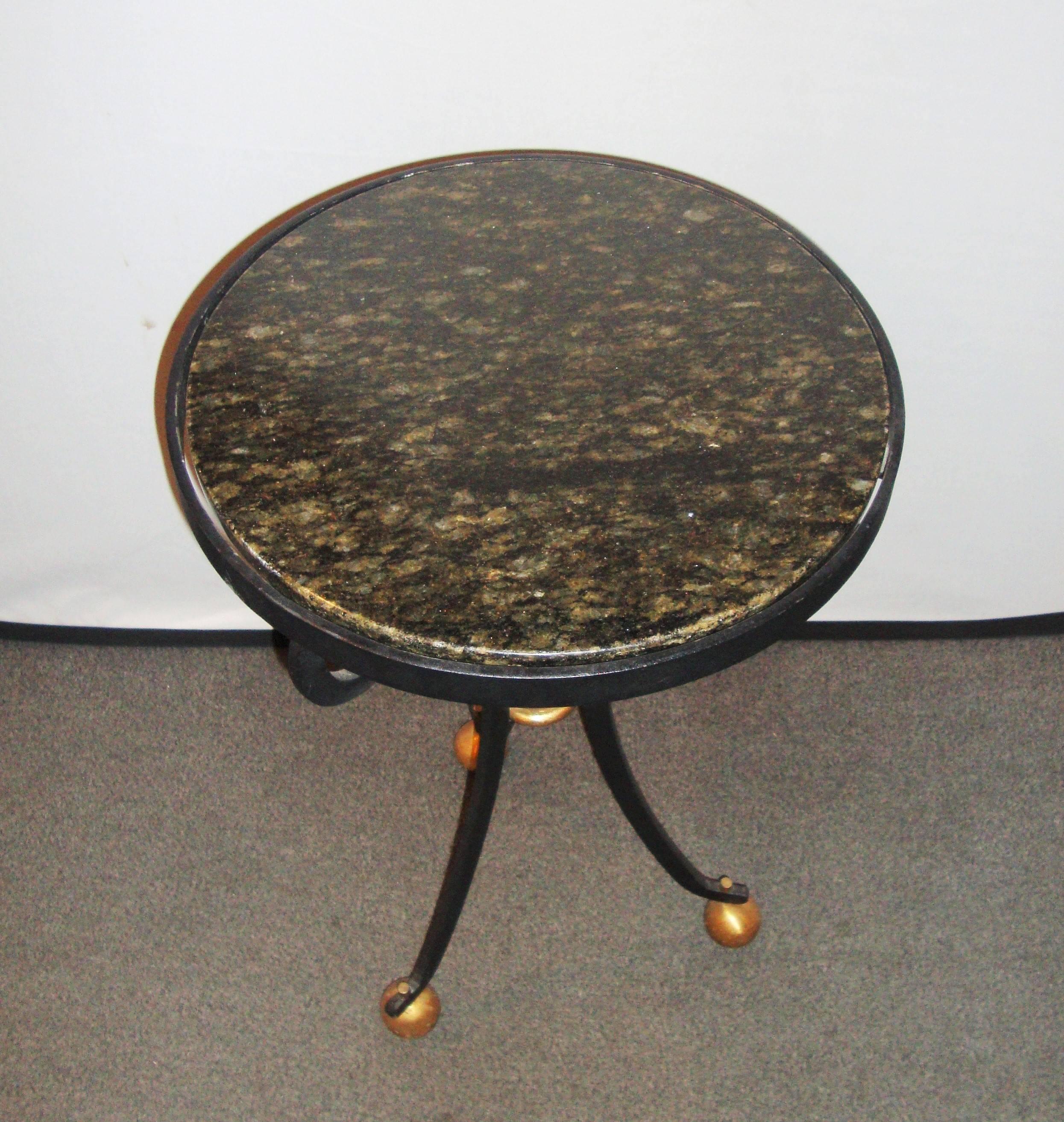 Pair of Directoire style marble-top with steel base and gilt hi lights end tables.