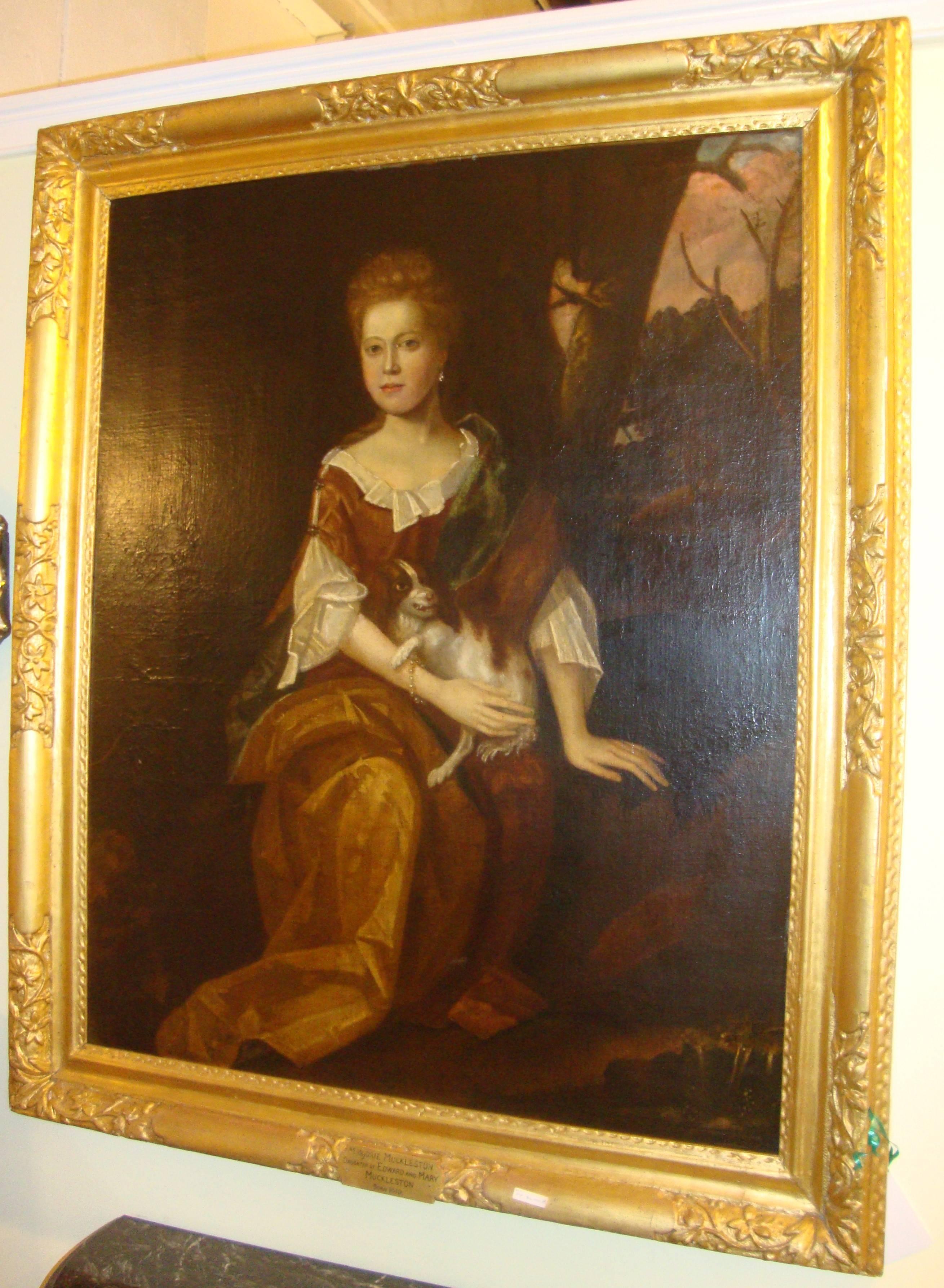 An unsigned portrait painting of Marjorie Muckleston with her dog, circa 18th century. Oil on canvas. Canvas relined. English school. Origin: Prov. William Doyle Galleries. This painting sits in its original carved finely gilt frame and is decorated