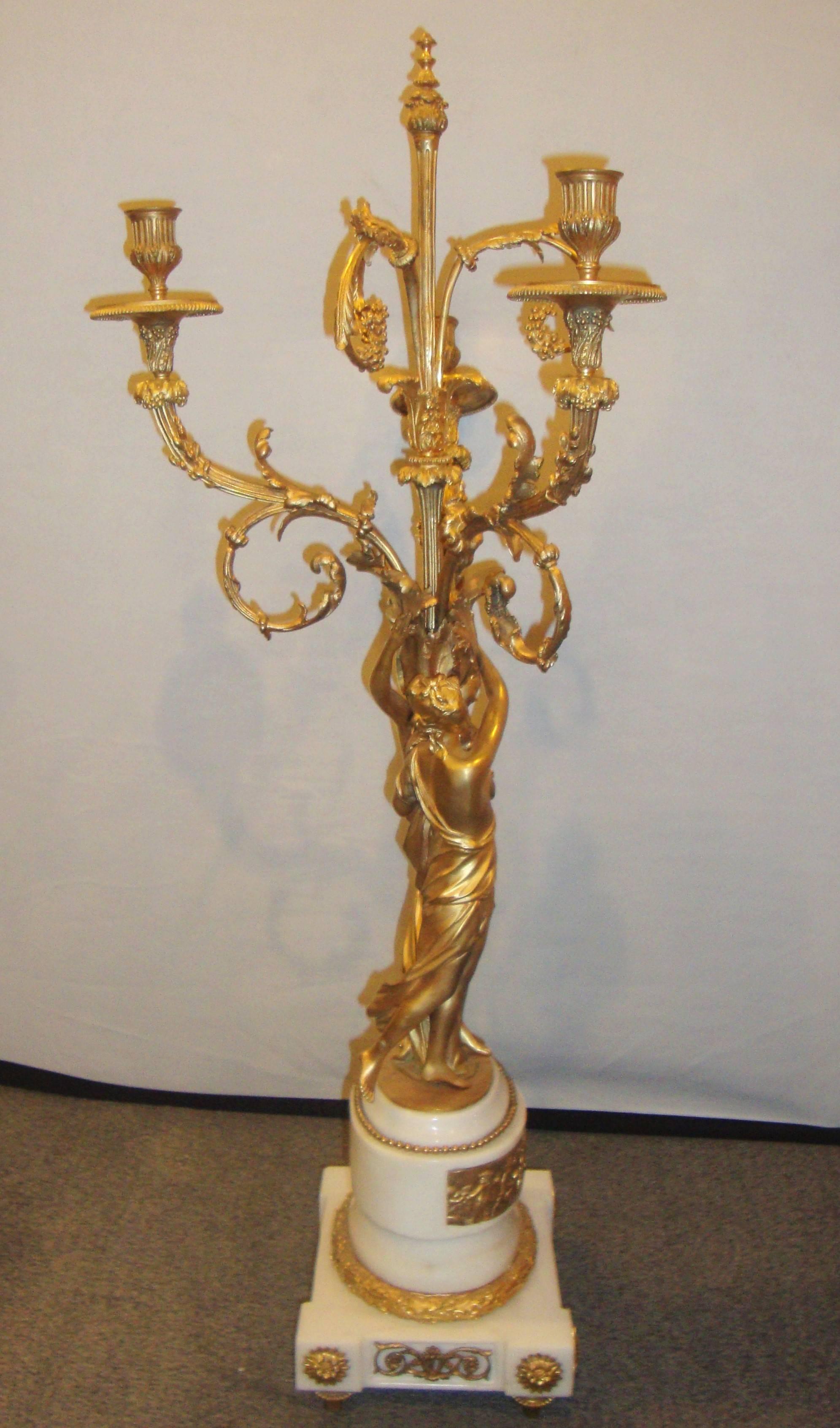 Louis XVI Pair of Figural Bronze Candelabras on Marble Bases
