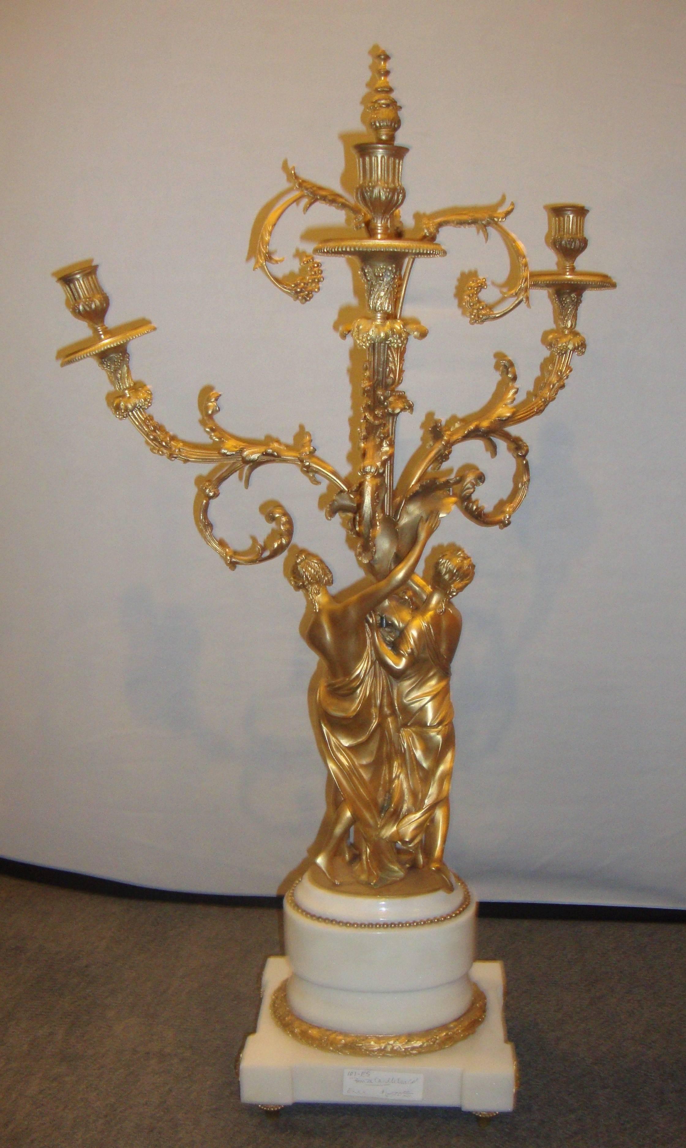 Unknown Pair of Figural Bronze Candelabras on Marble Bases