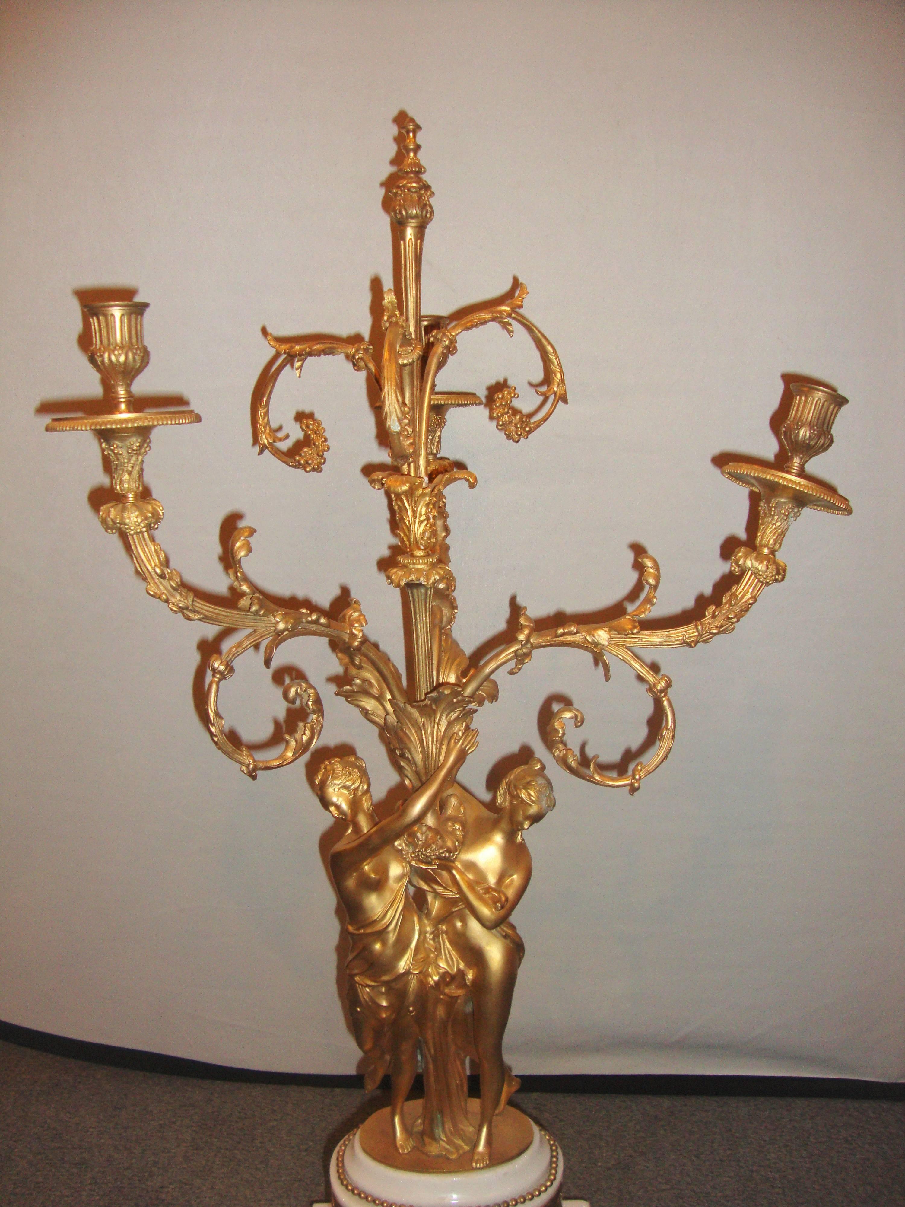 Pair of Figural Bronze Candelabras on Marble Bases In Good Condition In Stamford, CT