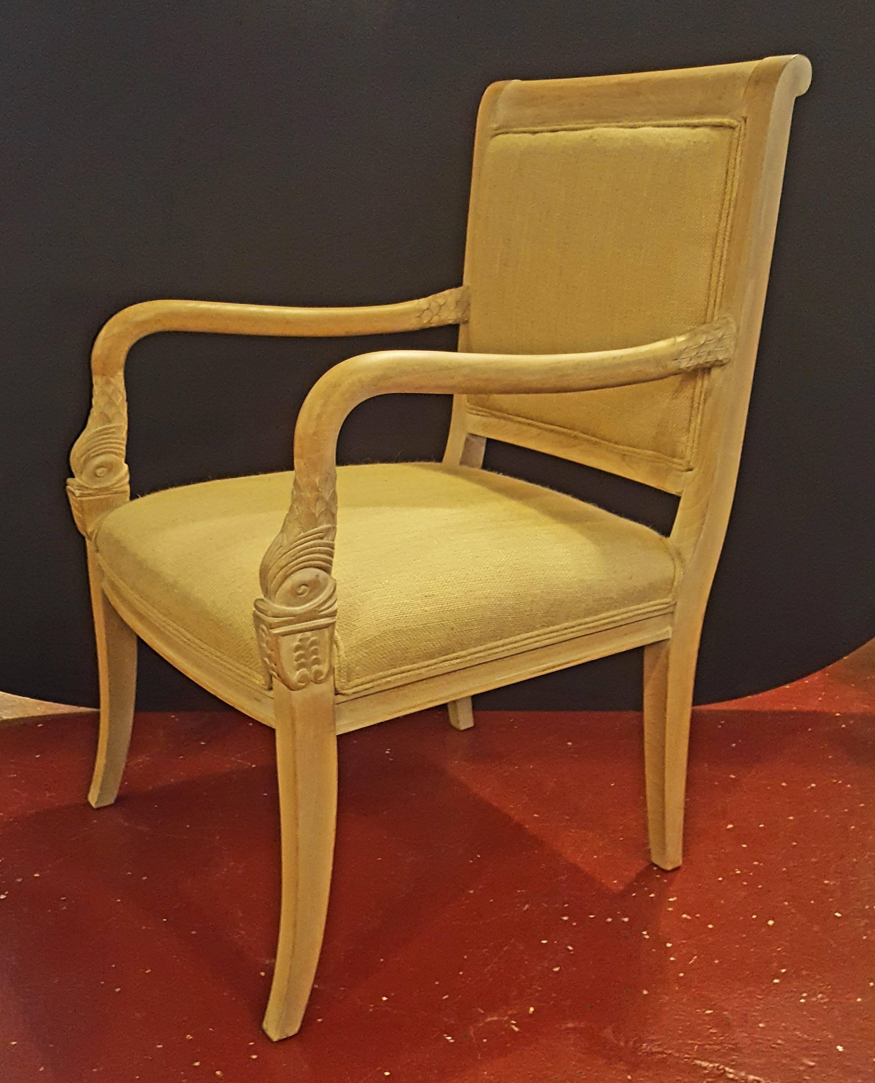 Wood Pair of Armchairs with Carved Dolphin Head Hand Rests. 