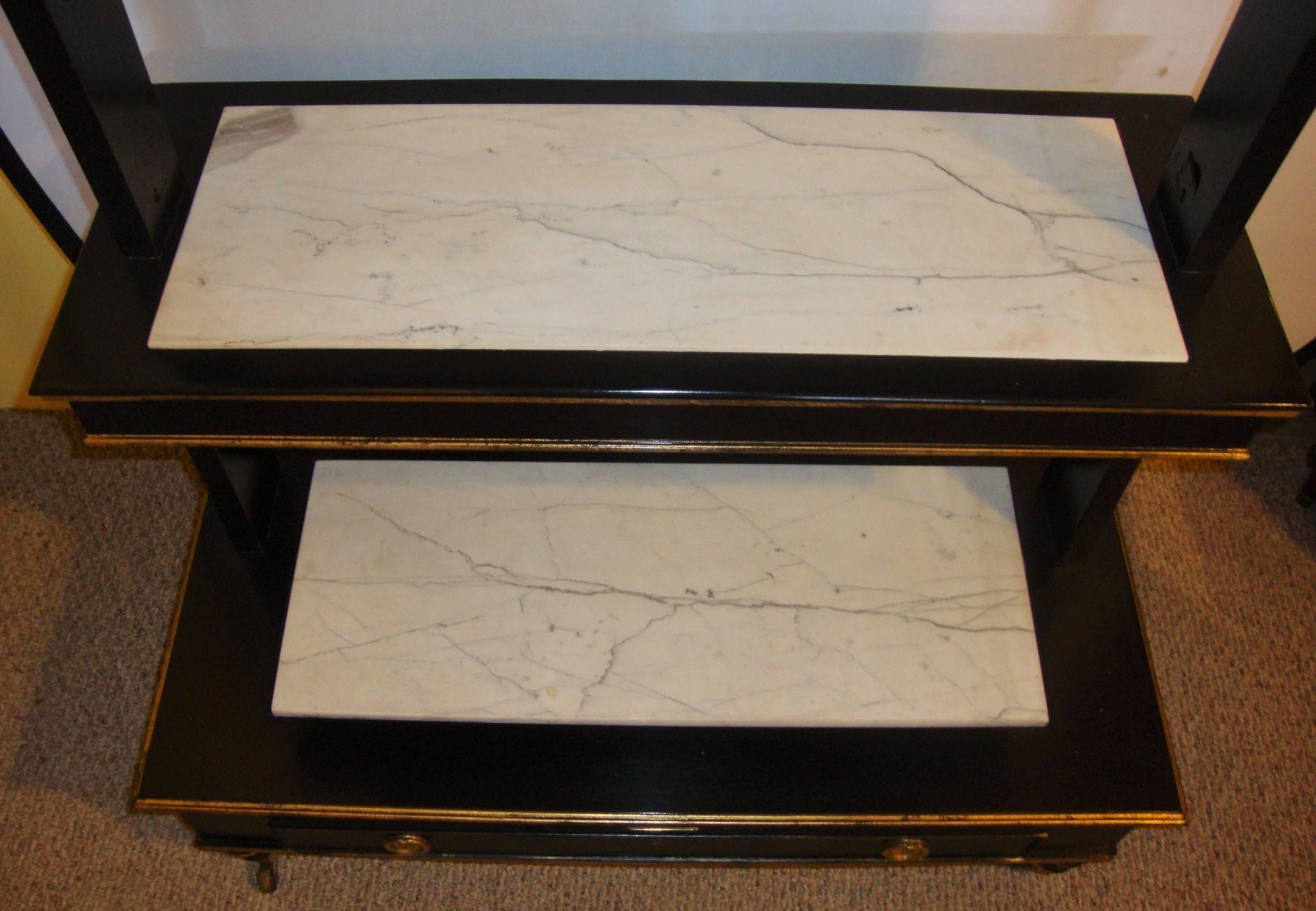 20th Century Ebonized And Gilt Three-Tier Bookshelve Dry Bar Marble Top On Each Shelf Wheels