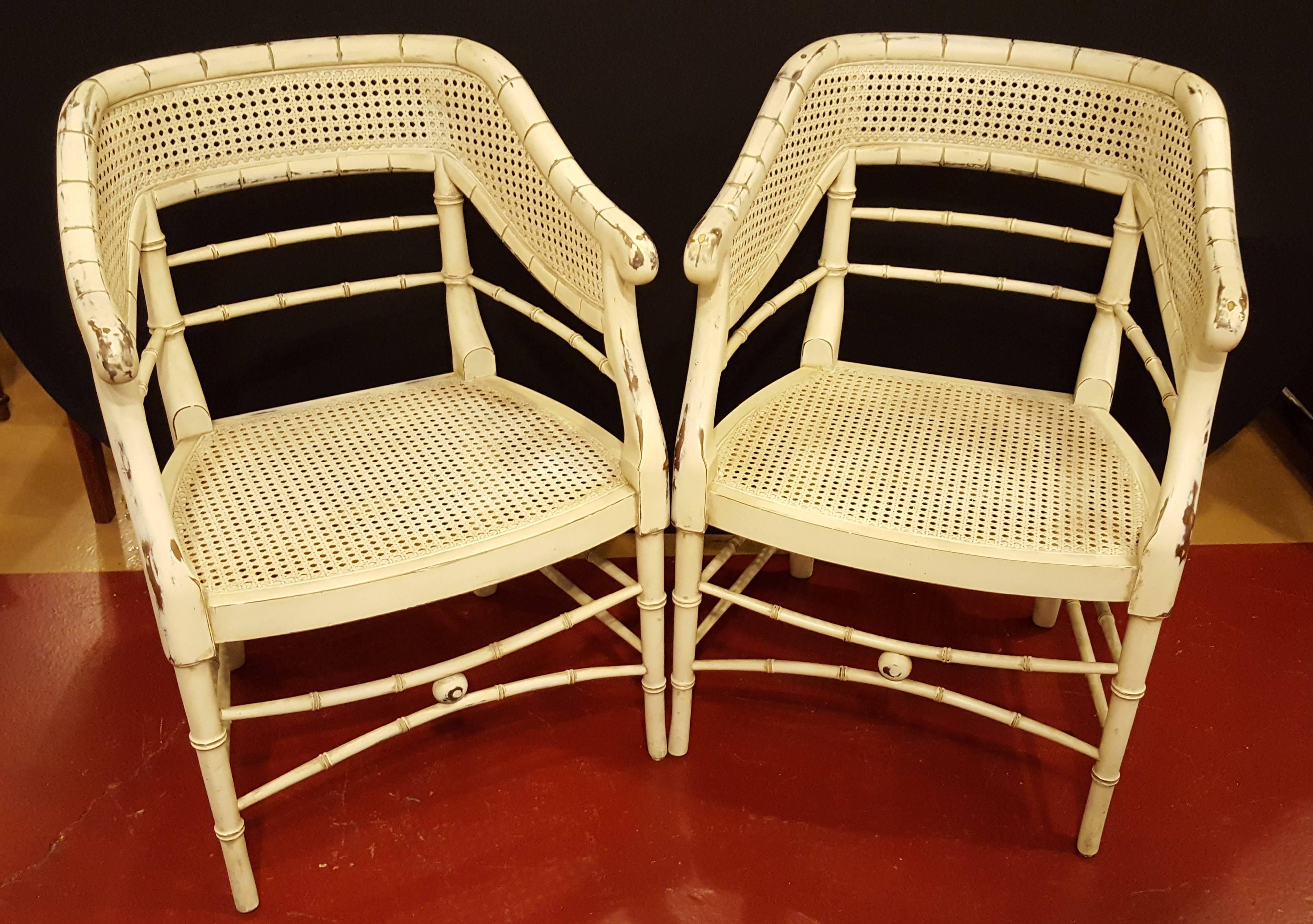 Pair of  Mid Century Curved Back Bamboo Arm Chairs Removable Cushion For Sale 1
