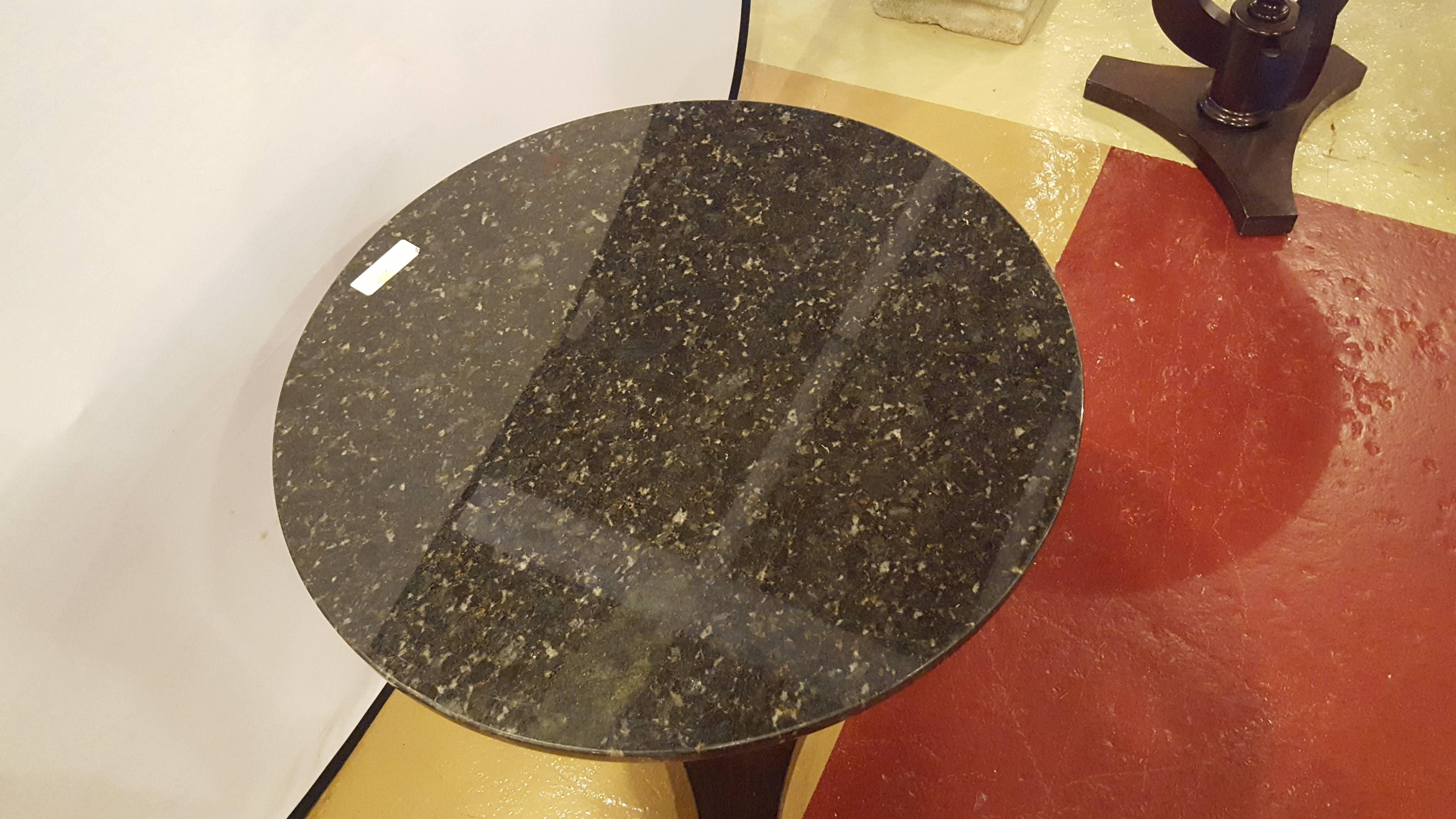 Hollywood Regency Pair of Black Marble-Top Ebonized Side Or End Tables With Pedestal base