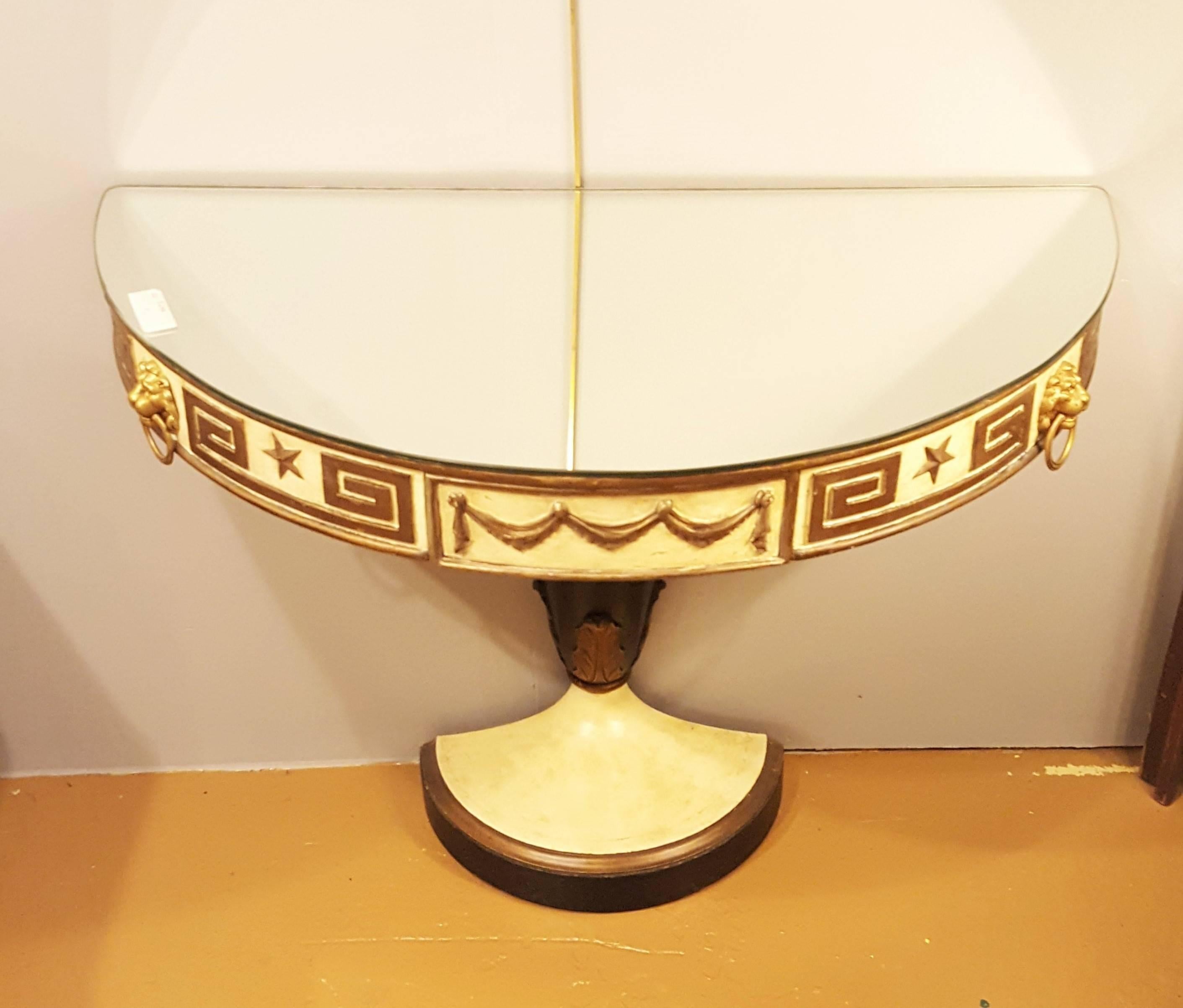Hollywood Regency Mirrored Top Demilune Console Table Gold Gilt Greek Key Design Manner Of Jansen