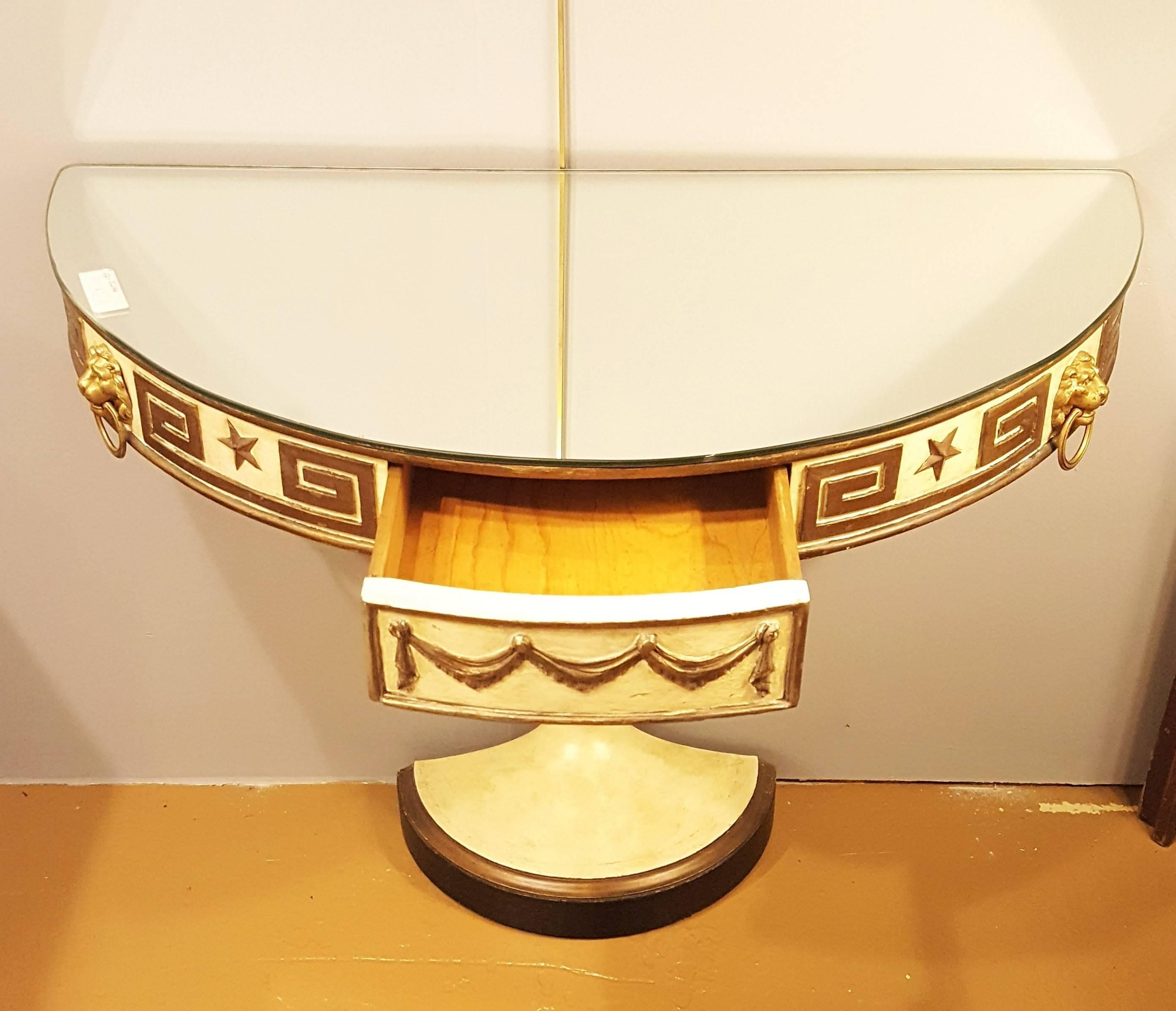 Mirrored Top Demilune Console Table Gold Gilt Greek Key Design Manner Of Jansen In Good Condition In Stamford, CT