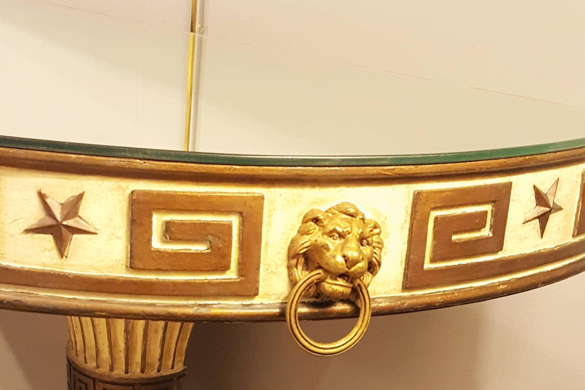 Mid-20th Century Mirrored Top Demilune Console Table Gold Gilt Greek Key Design Manner Of Jansen