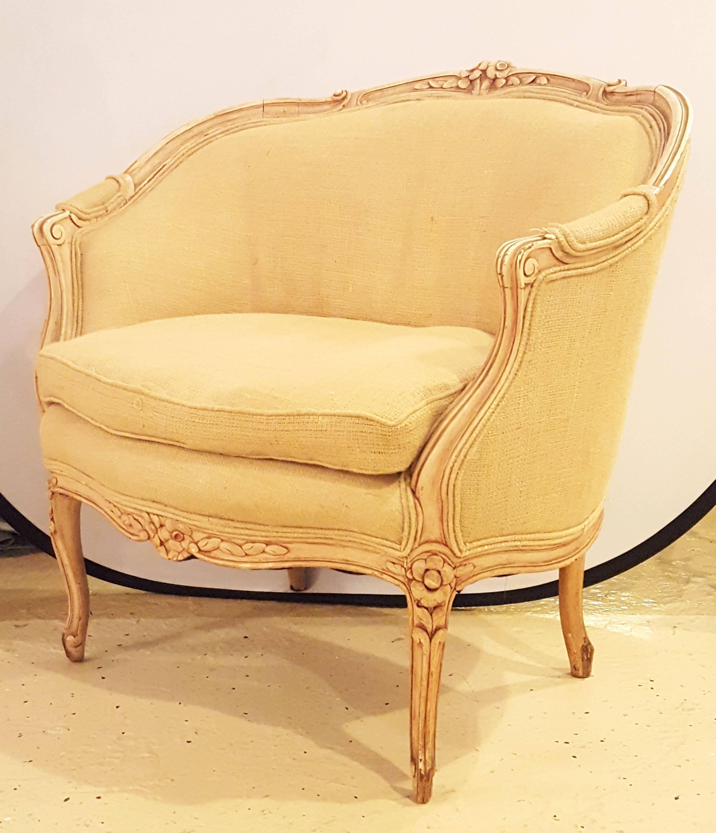 20th Century Louis XV Style Distressed Barrel Back Armchair Carved Frame With Rosettes