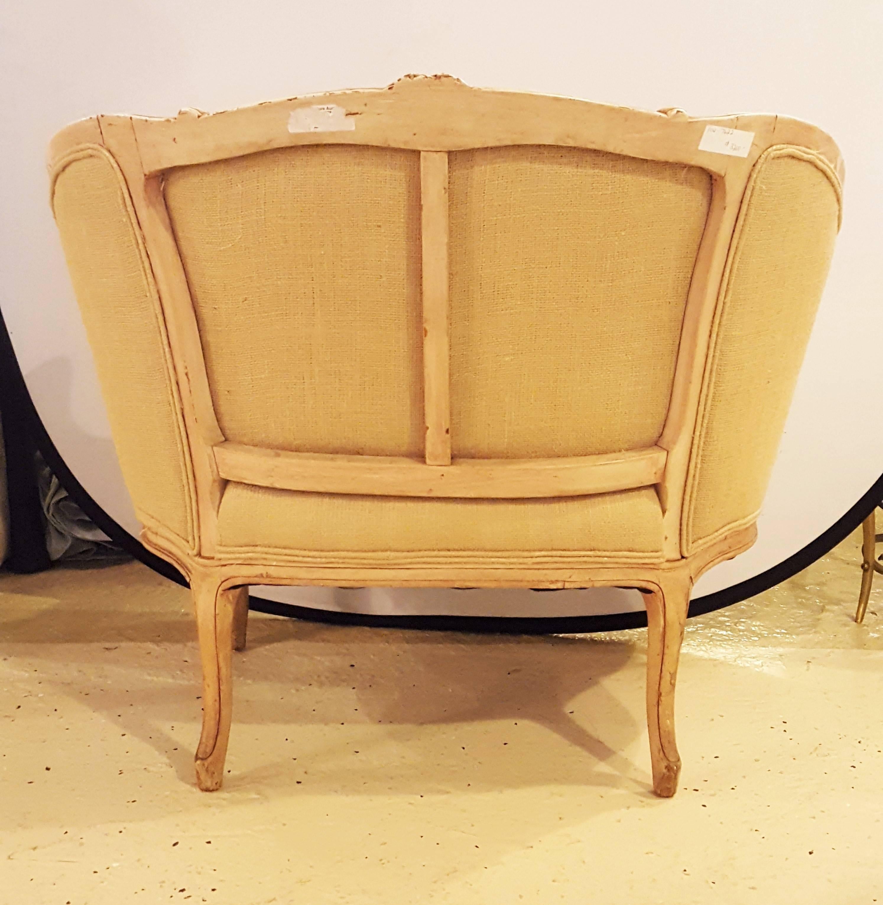 Louis XV Style Distressed Barrel Back Armchair Carved Frame With Rosettes In Good Condition In Stamford, CT