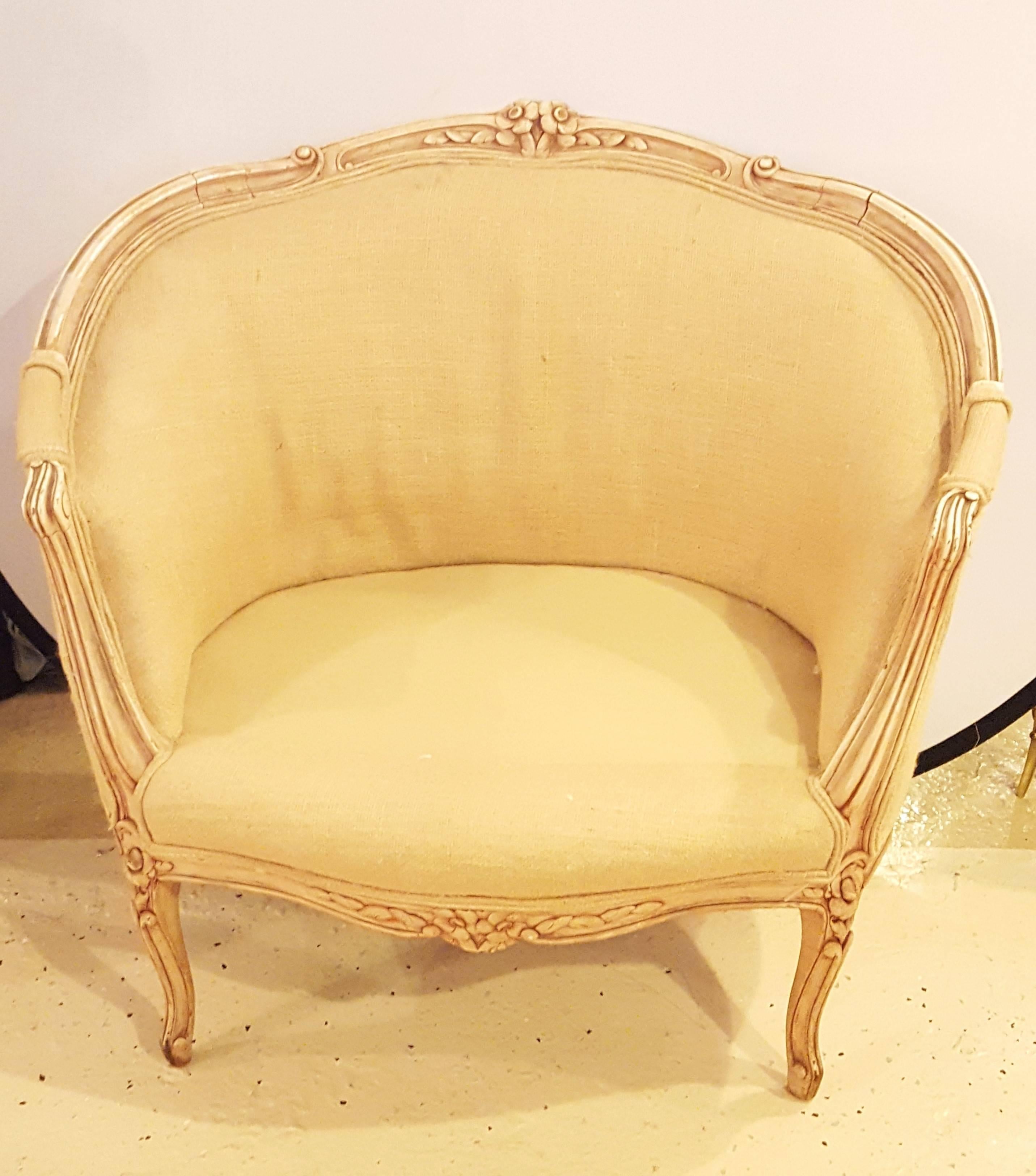 Louis XV Style Distressed Barrel Back Armchair Carved Frame With Rosettes 1