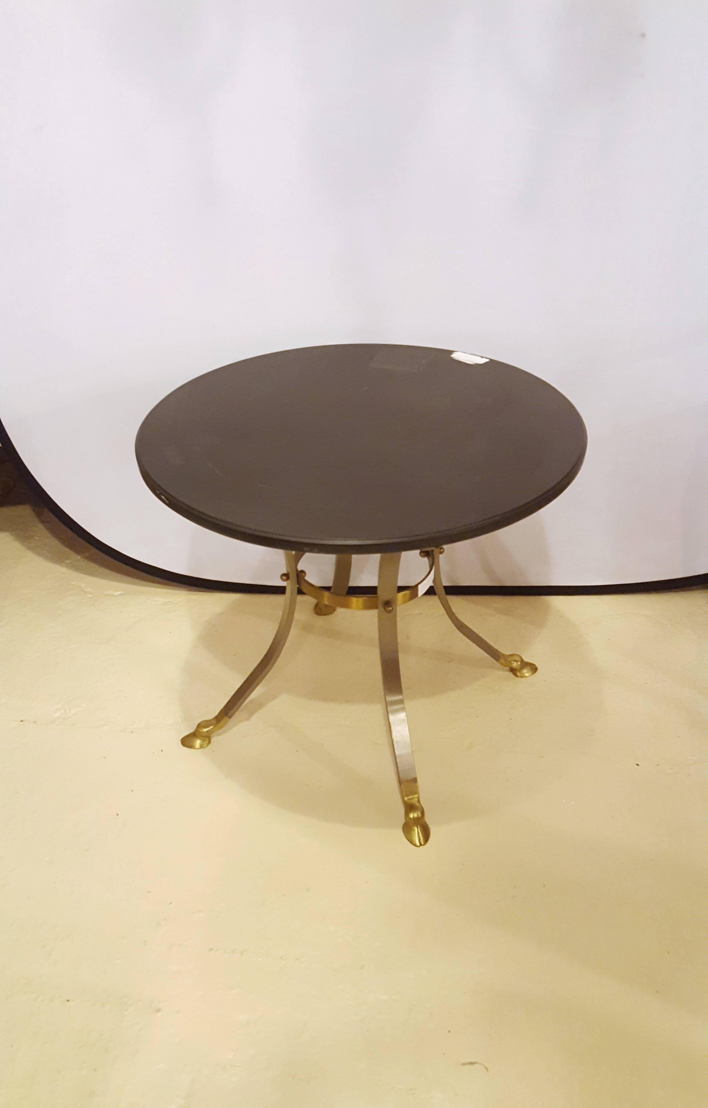 Hollywood Regency Brass and Steel Ebony Marble Top Gueridon Table / End Table Attibuted to Jansen