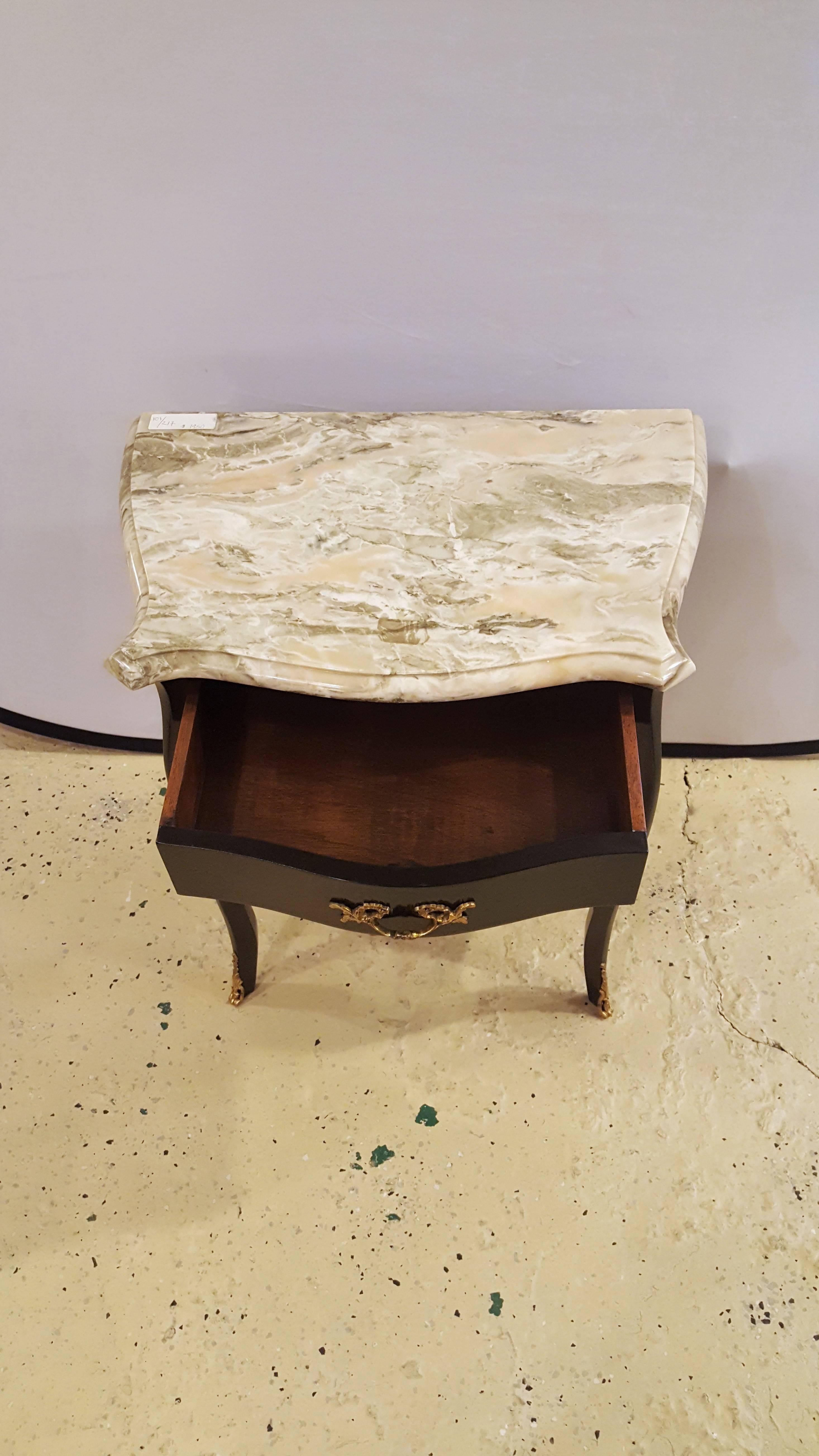 Pair of Hollywood Regency Style Ebonized Marble-Top Nightstands / End Tables 2