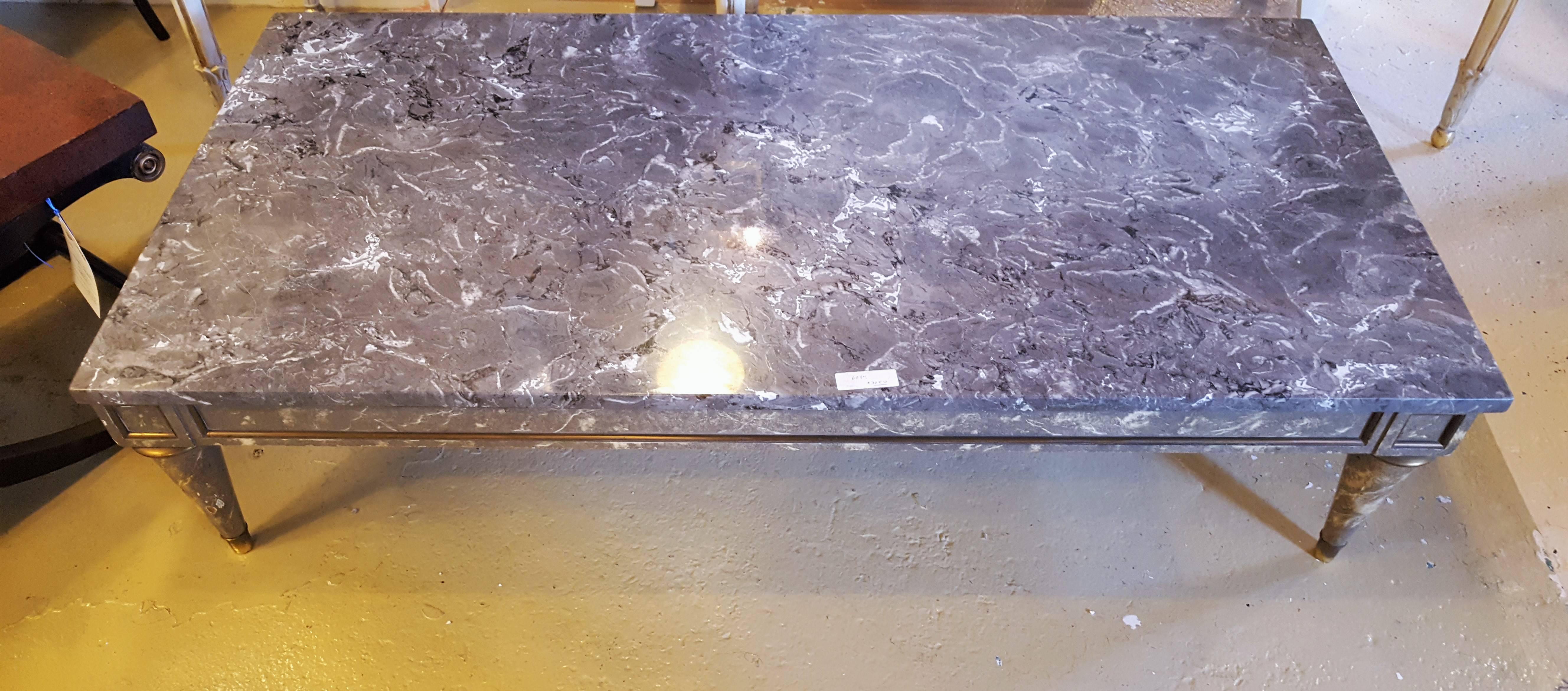 Directoire Style Thick Marble-Top Coffee Table With Matching Faux Marble Base In Good Condition For Sale In Manhasset, NY