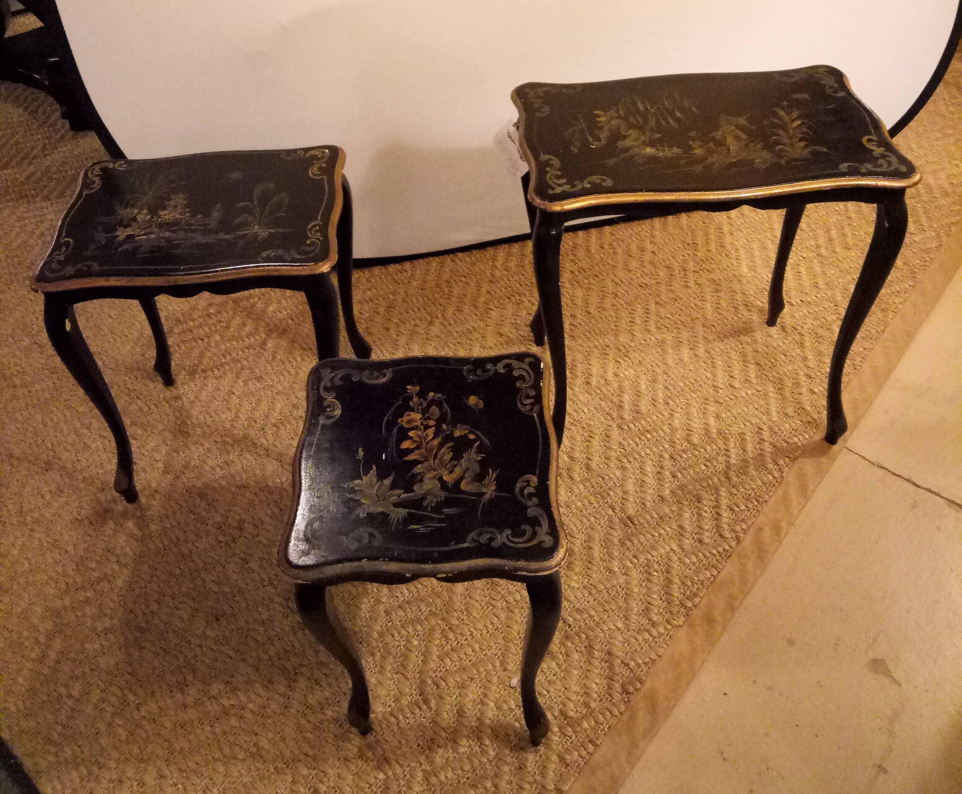 20th Century Set of Ebonized Chinoiserie Decorated Stack or Nesting Tables