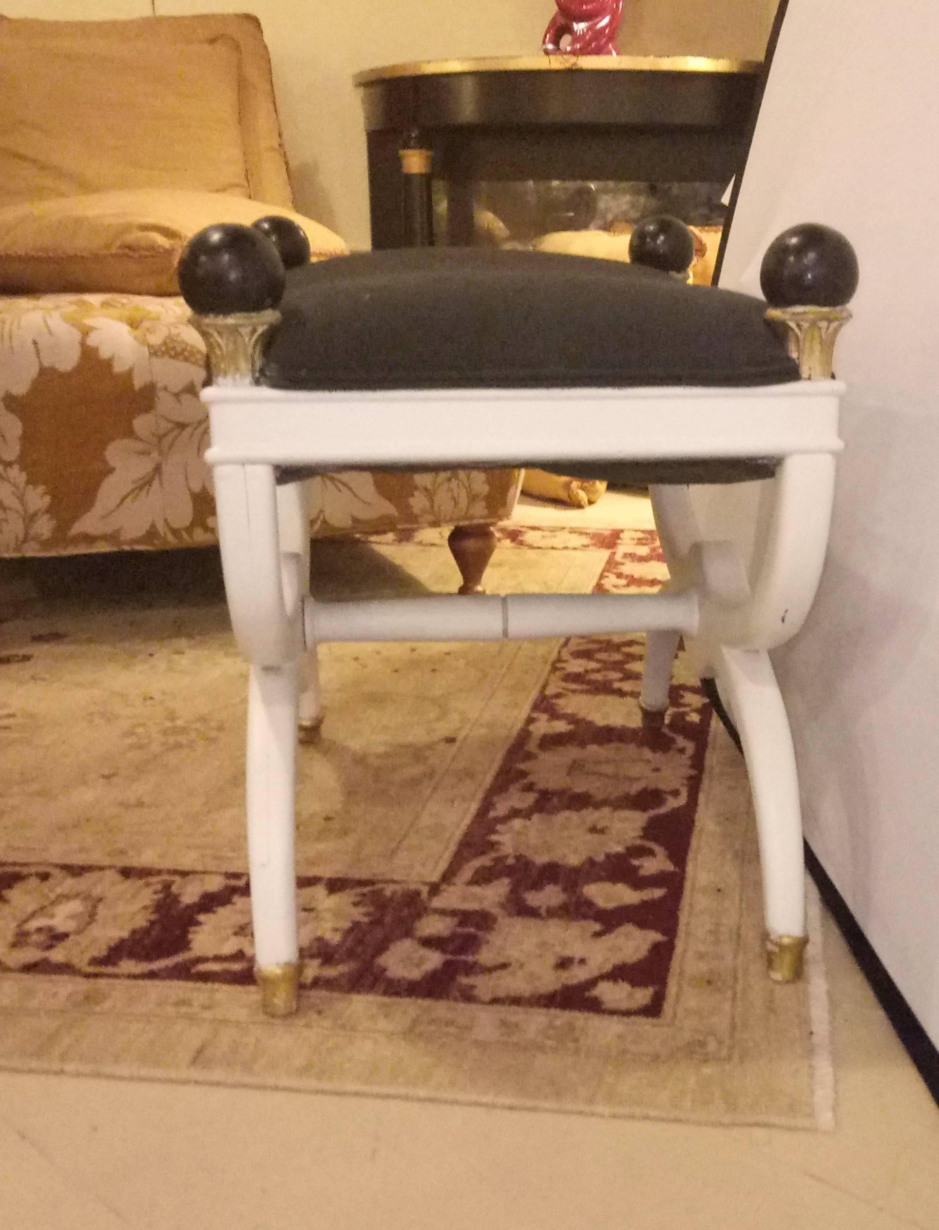Hollywood Regency White Painted and Gilt Decorated X from Bench / Footstool For Sale