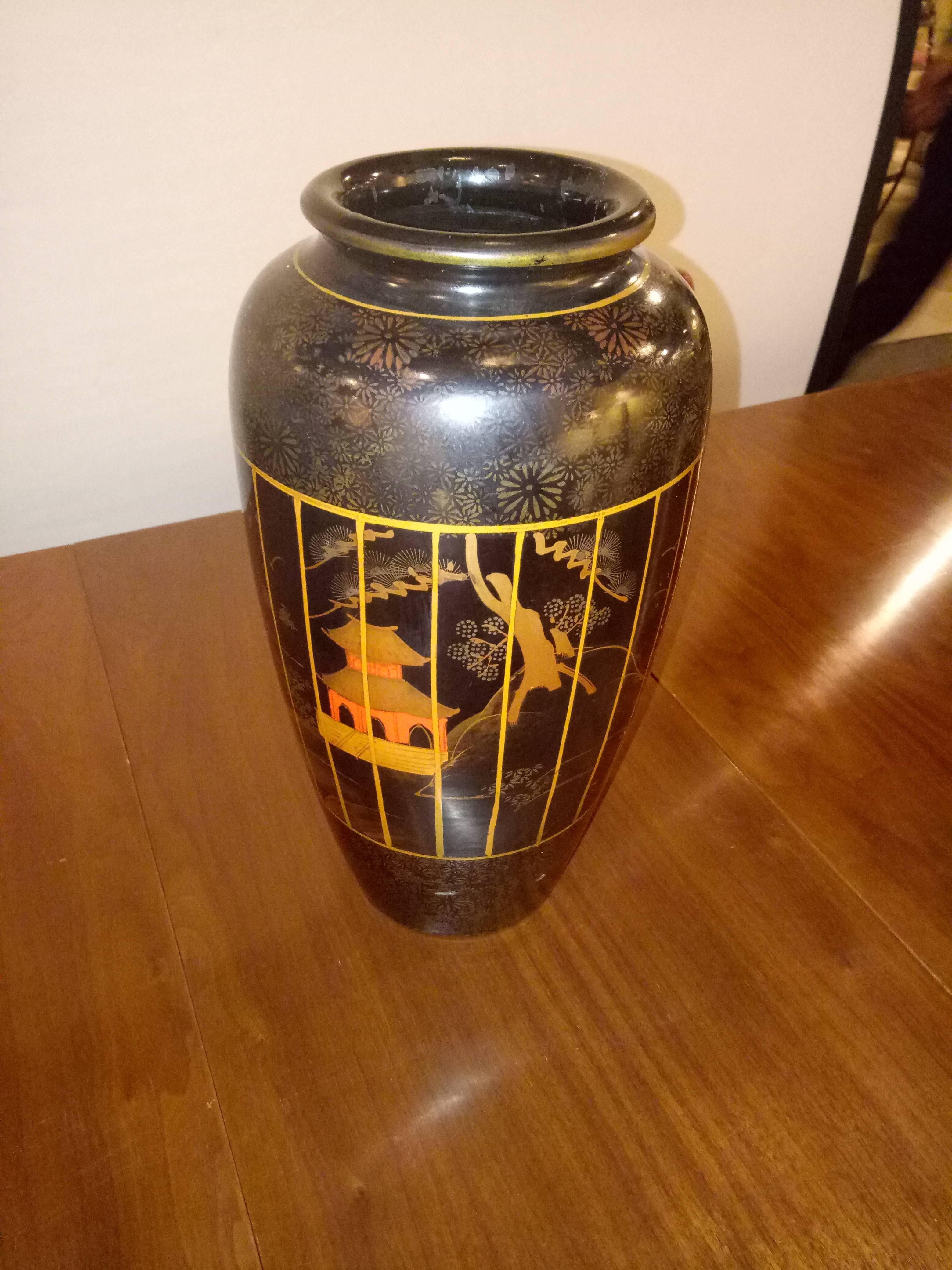 Pair of Japanese hand-painted Vases. Ebonized in style with painted scenes.