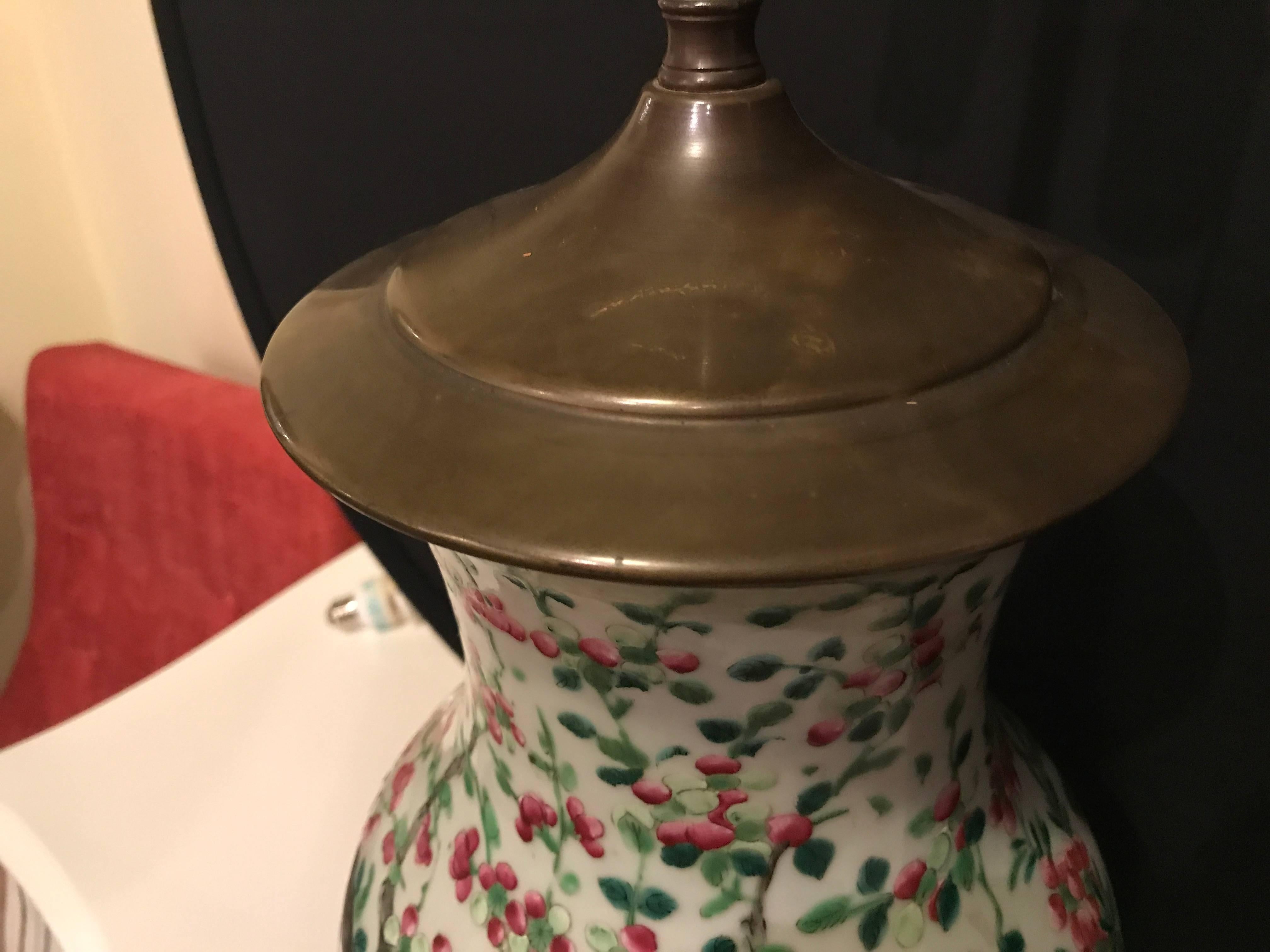 Chinese Large Jar Decorated with Bird and Roses Mounted as a Lamp 1